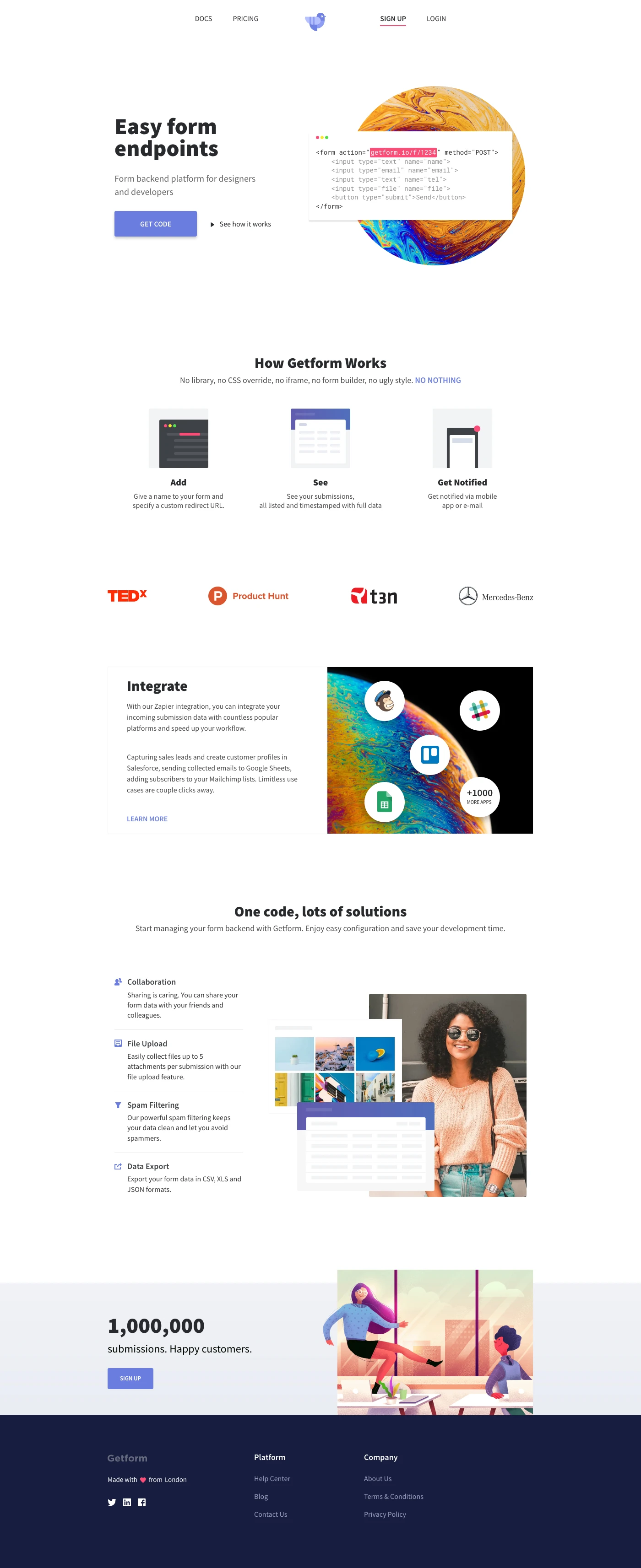 Getform Landing Page Example: Easy form endpoints to manage for your forms. Simple form backend platform for designers and developers. Generate an endpoint URL, update your HTML form tag and start collecting form submissions.