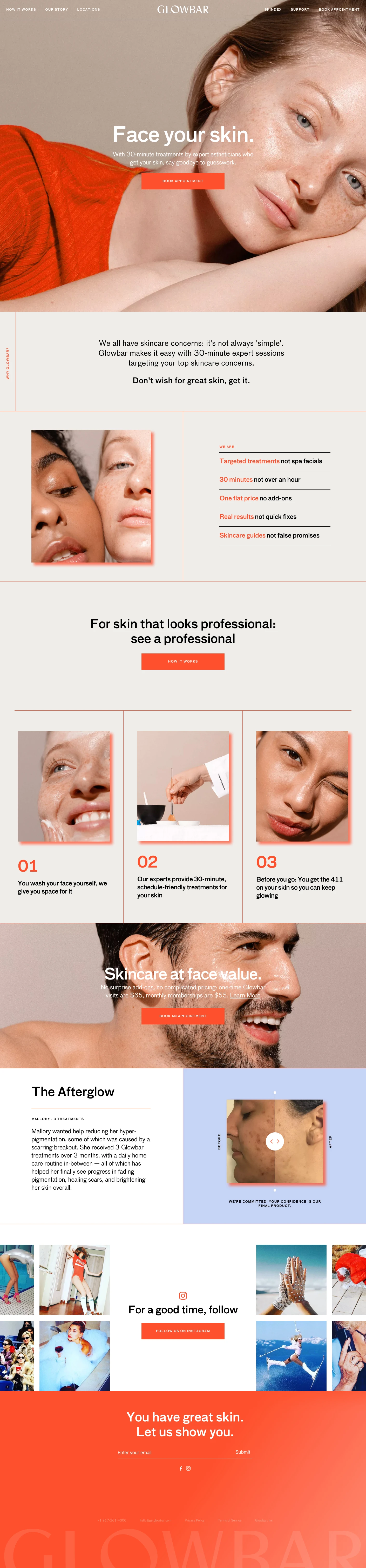 Glowbar Landing Page Example: Solutions for your skin, on your schedule. With 30-minute treatments by expert estheticians who get your skin, say goodbye to guesswork.