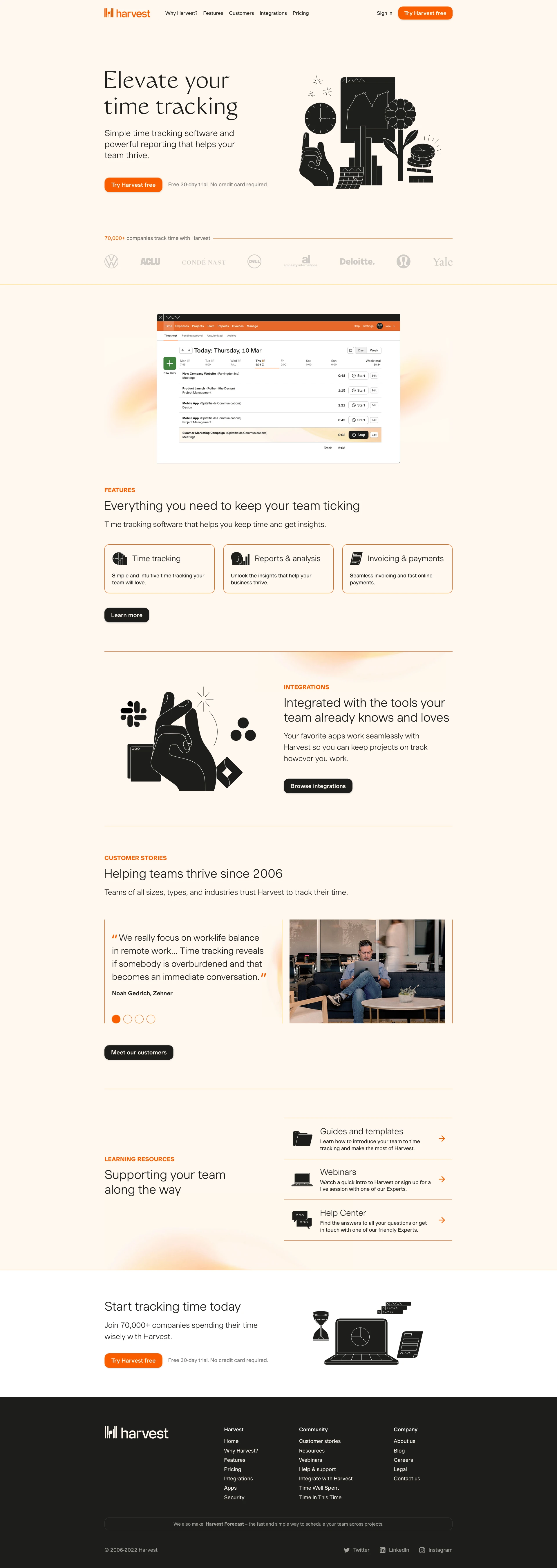 Harvest Landing Page Example: Elevate your time tracking. Simple time tracking software and powerful reporting that helps your team thrive.