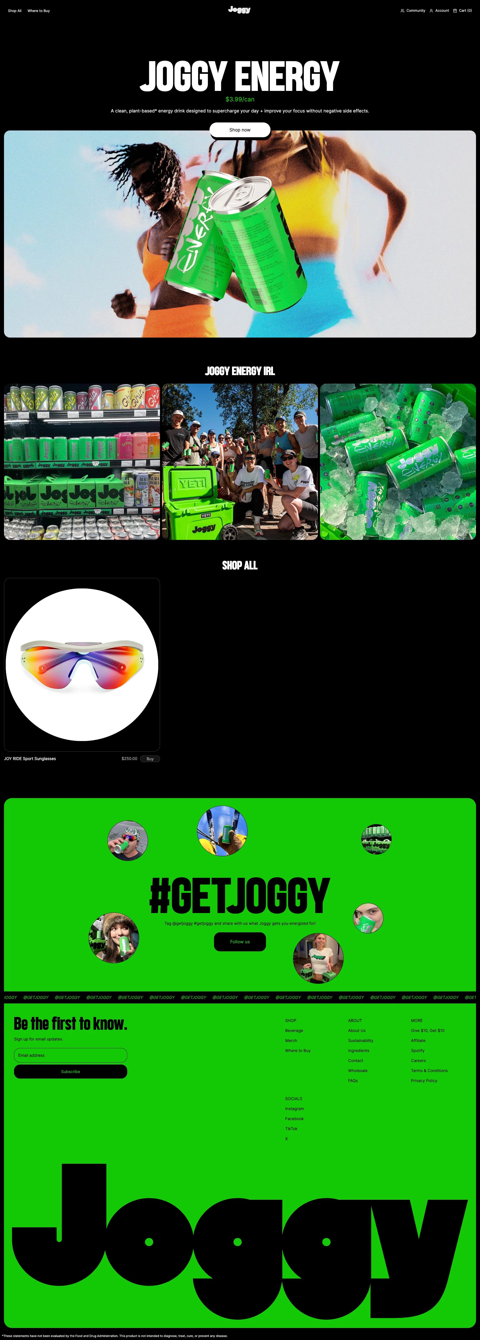 Joggy Energy Landing Page Example: We formulate a range of clean, plant-based energetics designed to boost your energy levels, and improve your focus without negative side effects.