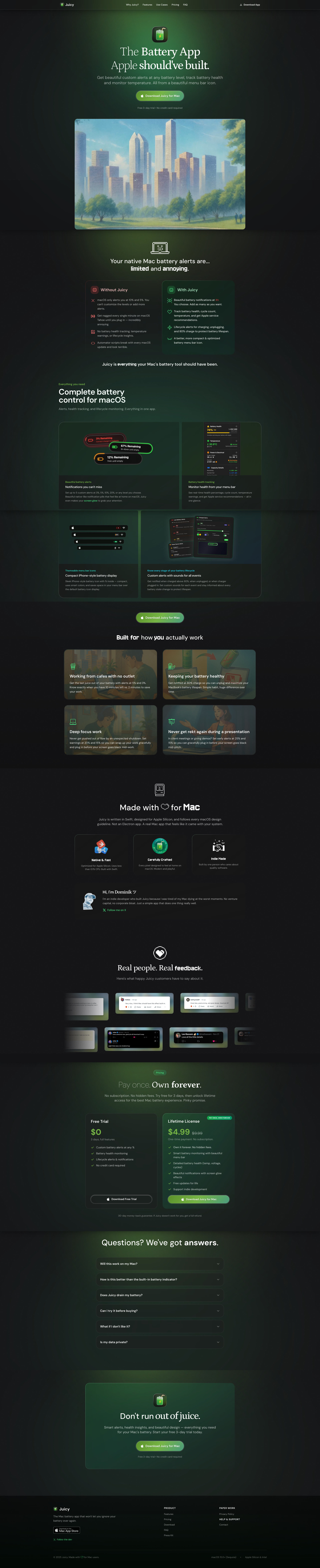 Juicy Landing Page Example: The battery app Apple should've built. Custom beautiful alerts at any %, health monitoring, temperature tracking & menu bar icon.