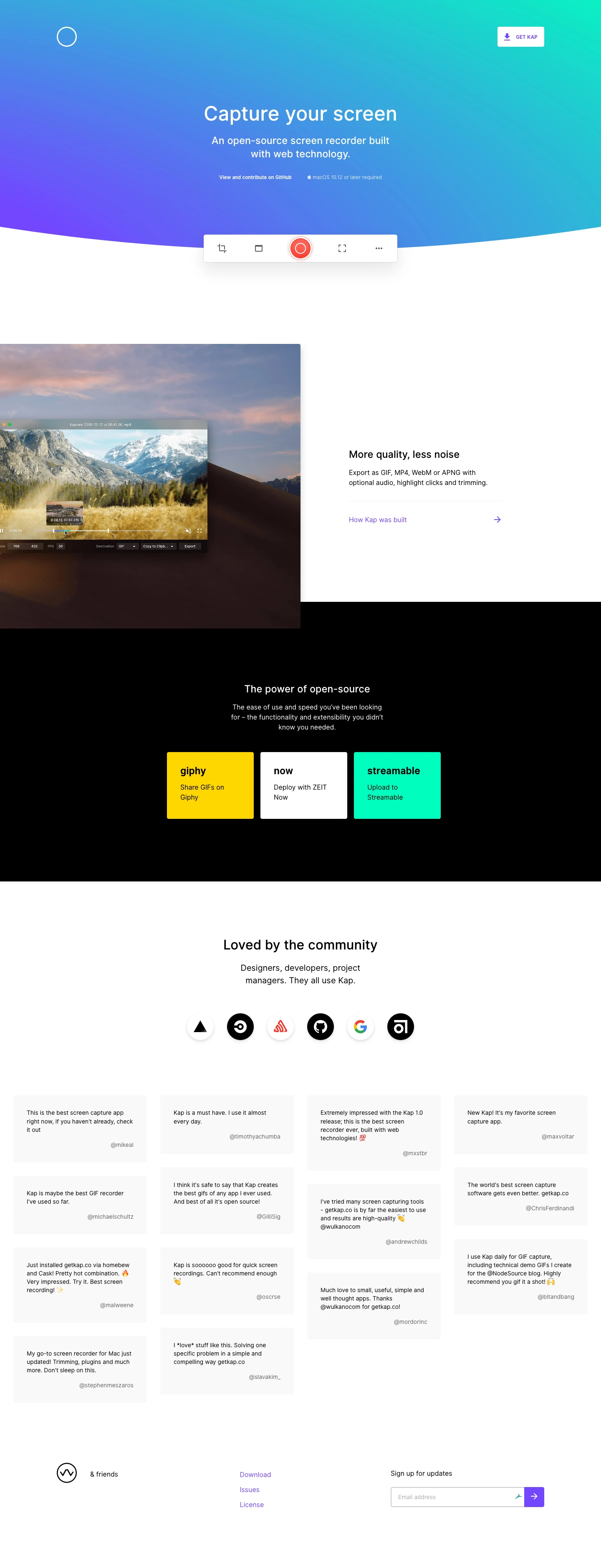 Kap Landing Page Example: An open-source screen recorder built with web technology