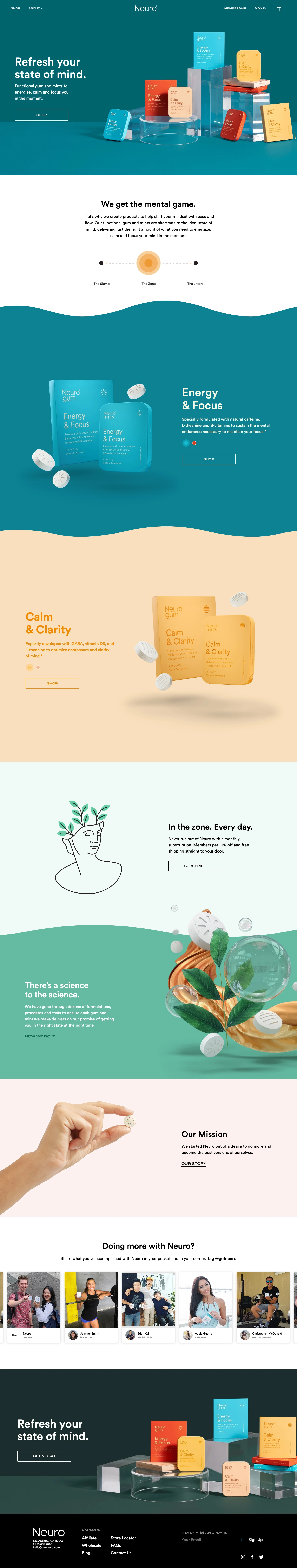 Neuro Landing Page Example: Refresh your state of mind. Functional gum and mints to energize, calm and focus you in the moment.