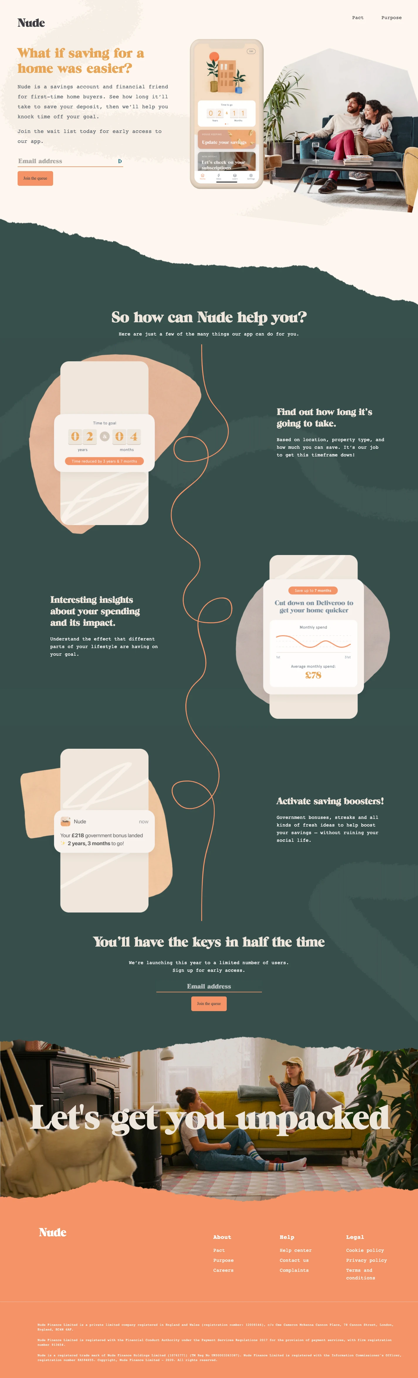 Nude Landing Page Example: Discover a new way to save for and purchase a home. Nude is a savings account and financial friend for first-time home buyers.
