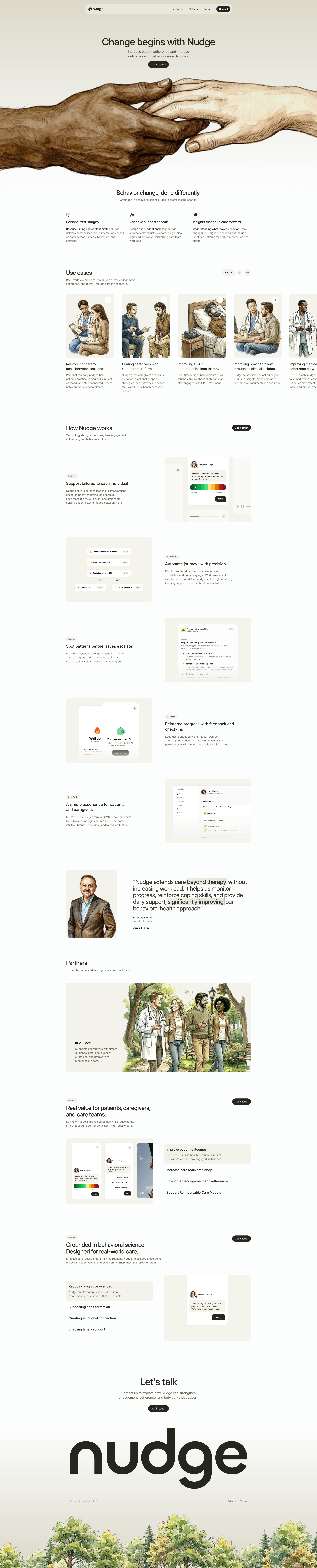 Nudge Landing Page Example: Increase patient adherence and improve outcomes with behavior-based Nudges.