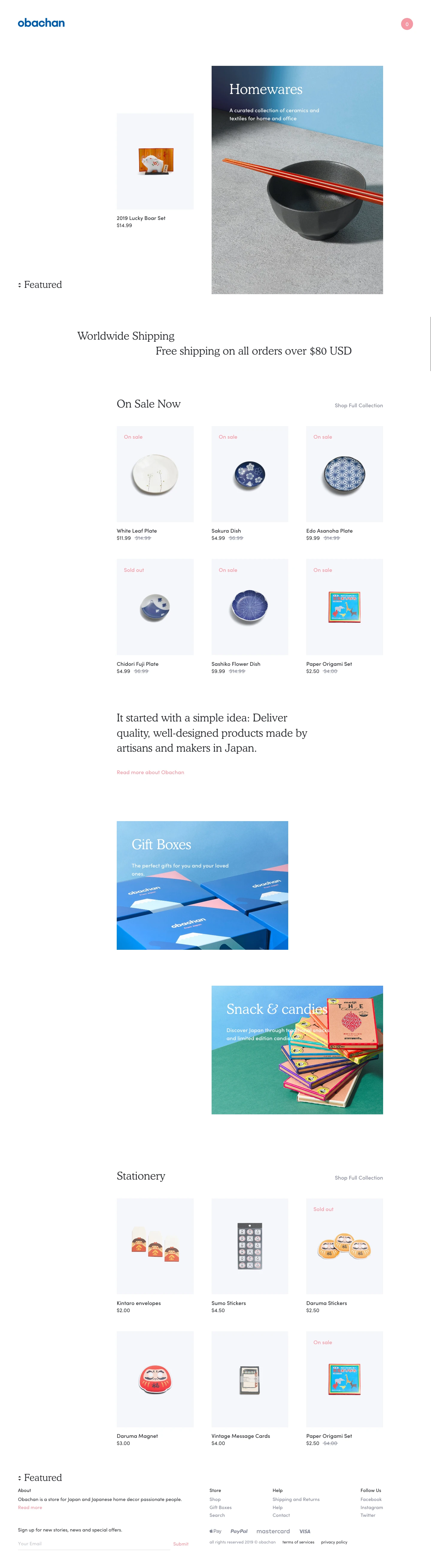 Obachan Landing Page Example: Made in Japan homewares, textiles and everything in between. Unique gifts for home and office which excite and inspire.