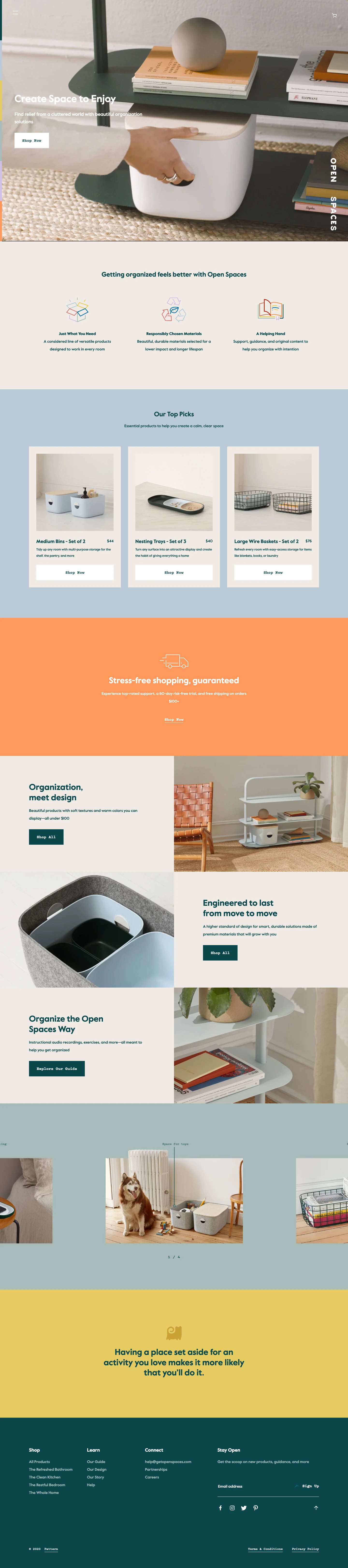 Open Spaces Landing Page Example: A new approach to home organization designed to help our generation create space to enjoy.