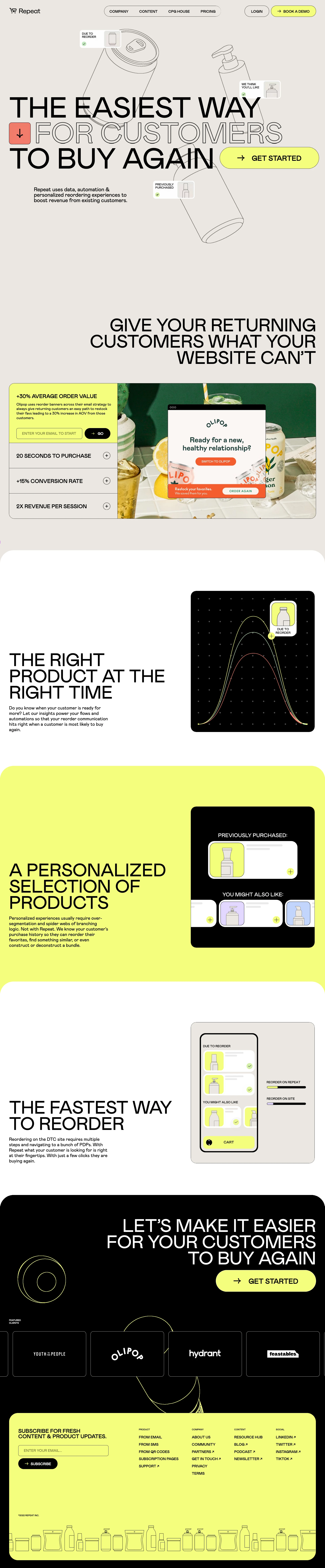 Repeat Landing Page Example: CPG brands use Repeat to give returning customers an easy reordering experience. One that is faster, personalized and backed by insight. Get more revenue from your repeat customers.