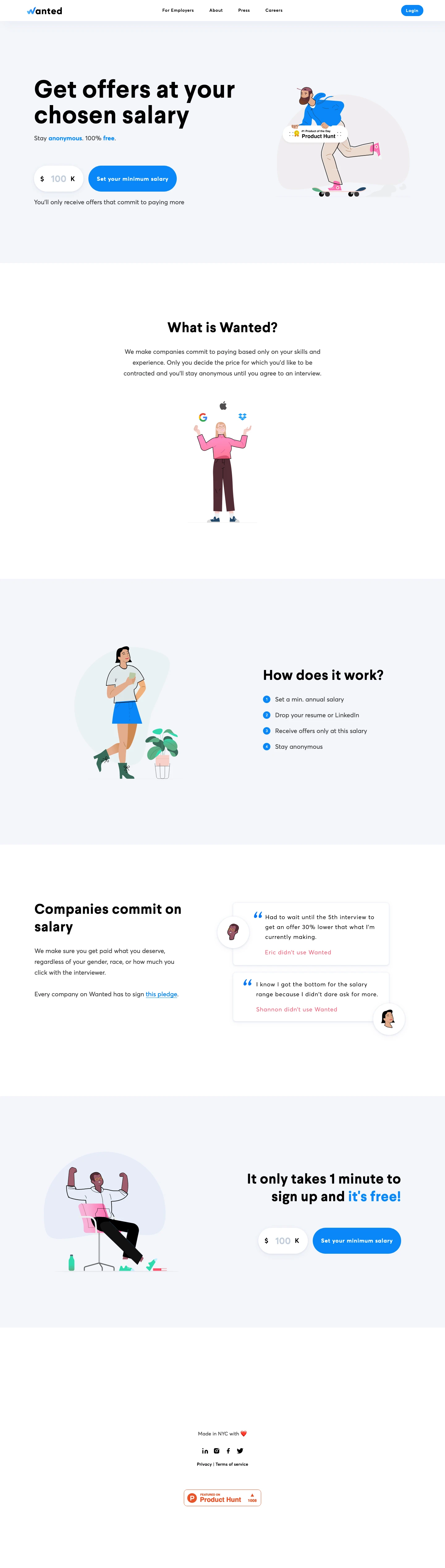 Wanted Landing Page Example: Wanted is an anonymous marketplace to be hired out at your desired salary.