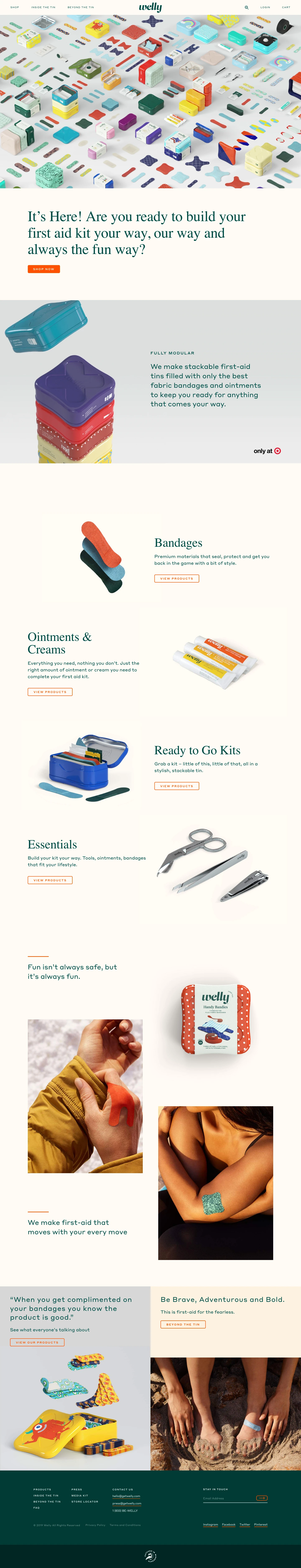 Welly Landing Page Example: We make stackable first-aid tins filled with only the best fabric bandages and ointments to keep you ready for anything that comes your way.