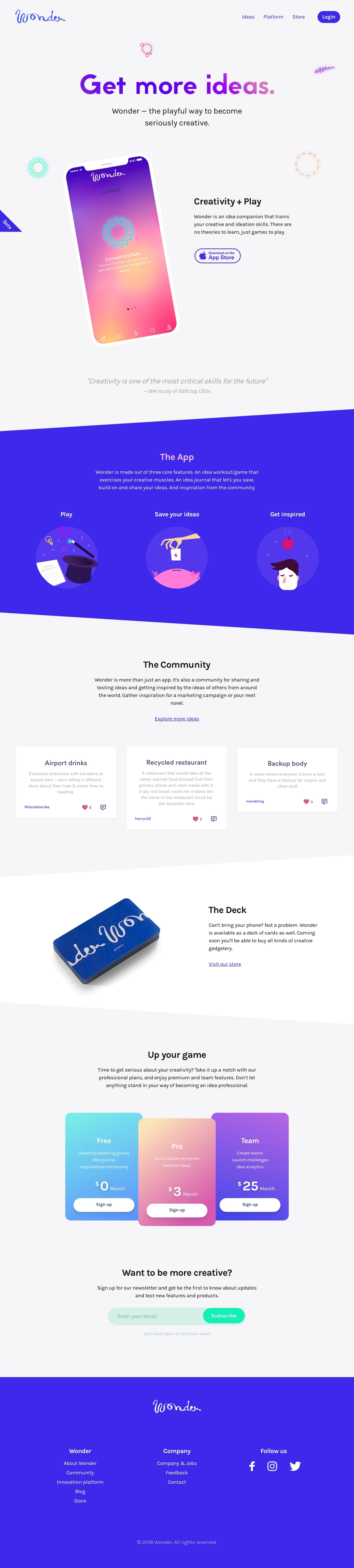 Wonder Landing Page Example: Wonder is an idea companion that trains your creative and ideation skills. There are no theories to learn, just games to play.
