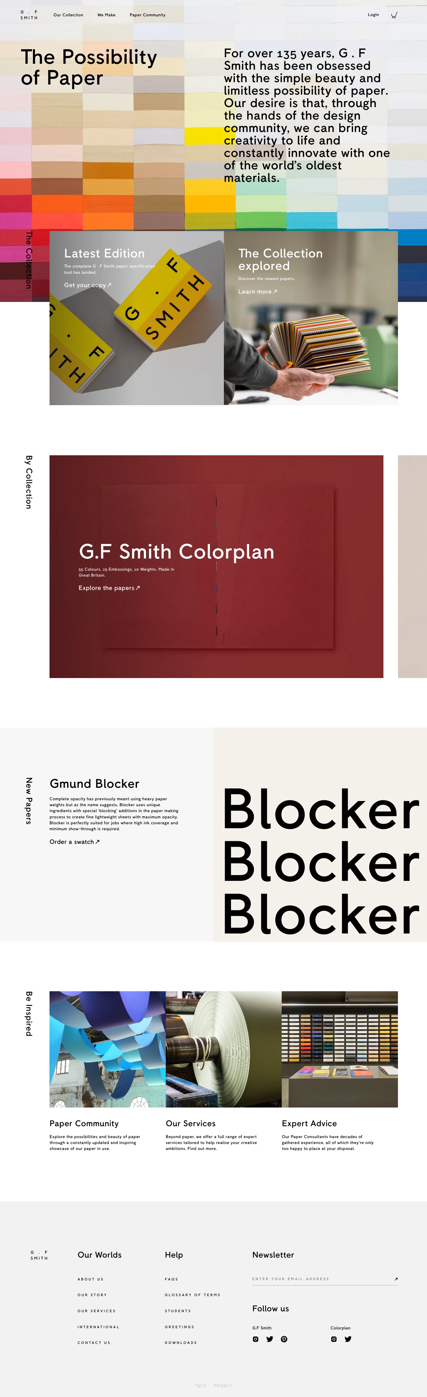 G.F Smith Landing Page Example: For over 135 years, G . F Smith has been obsessed with the simple beauty and limitless possibility of paper. Our desire is that, through the hands of the design community, we can bring creativity to life and constantly innovate with one of the world’s oldest materials.