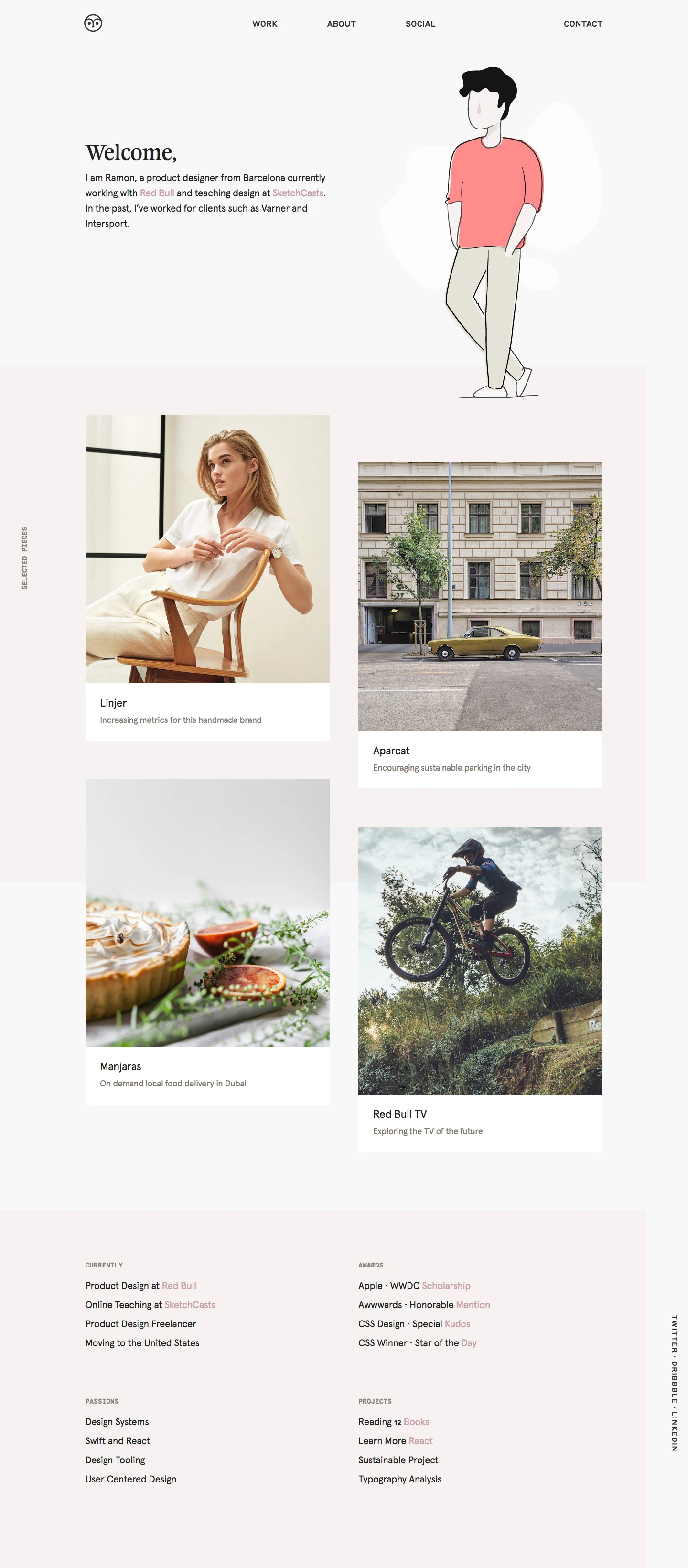 Ramon Gilabert Landing Page Example: I am Ramon, a product designer from Barcelona currently working with Red Bull and teaching design at SketchCasts. In the past, I’ve worked for clients such as Varner and Intersport.