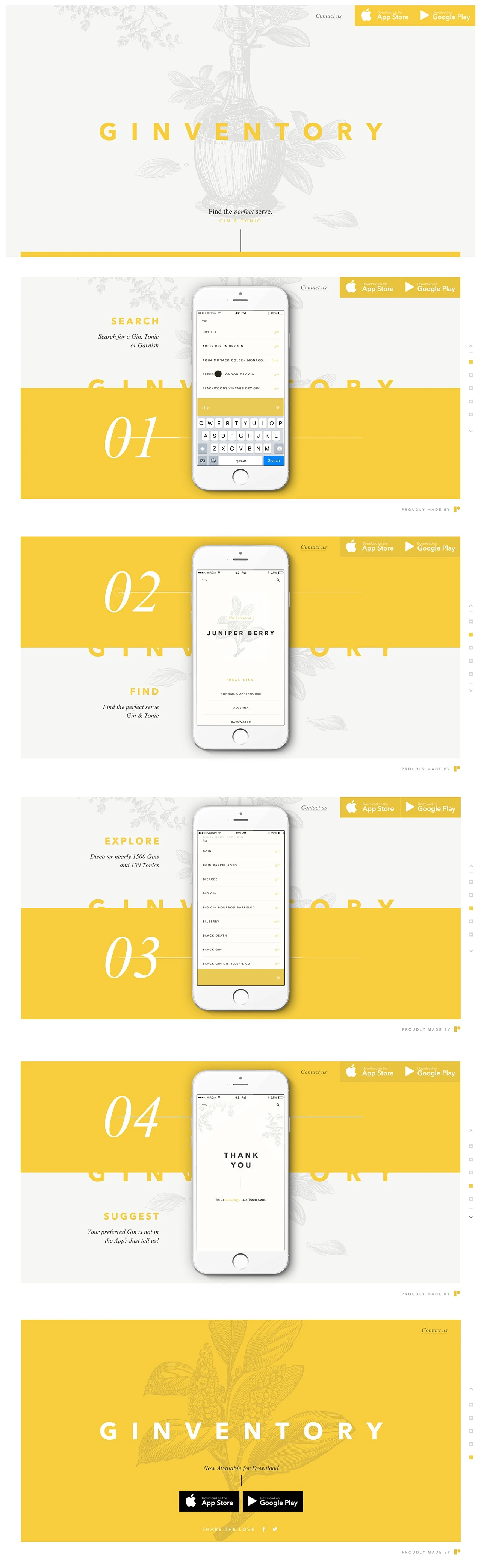 Ginventory Landing Page Example: Find the Perfect Serve for every gin in the world. Just search for a gin, tonic or botanical and find the best Gin & Tonic combinations according to distillers and connoisseurs.