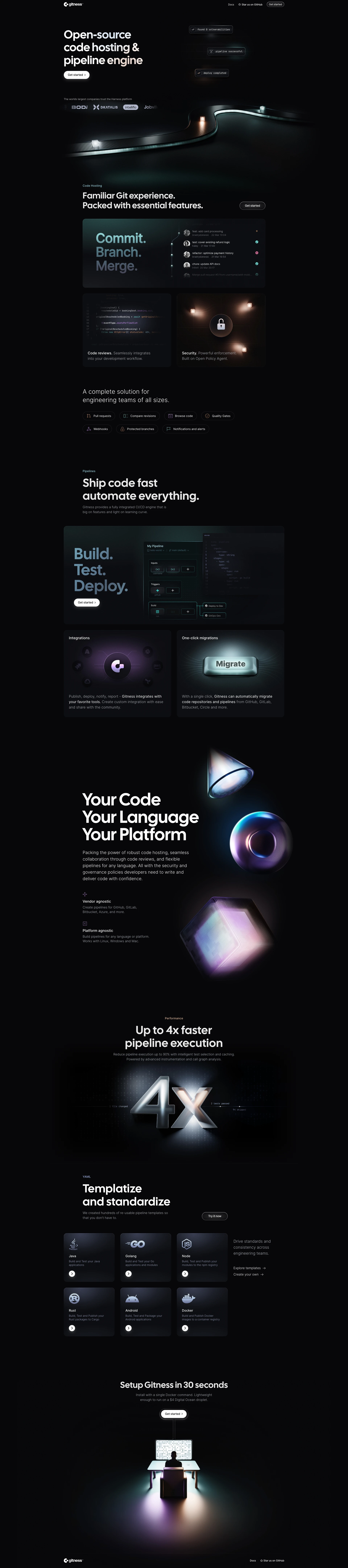 Gitness Landing Page Example: Unlock superior Git workflows with Gitness. Experience seamless code reviews, robust CI/CD solutions, and up to 4x faster pipeline execution. Begin your journey in just 30 seconds.