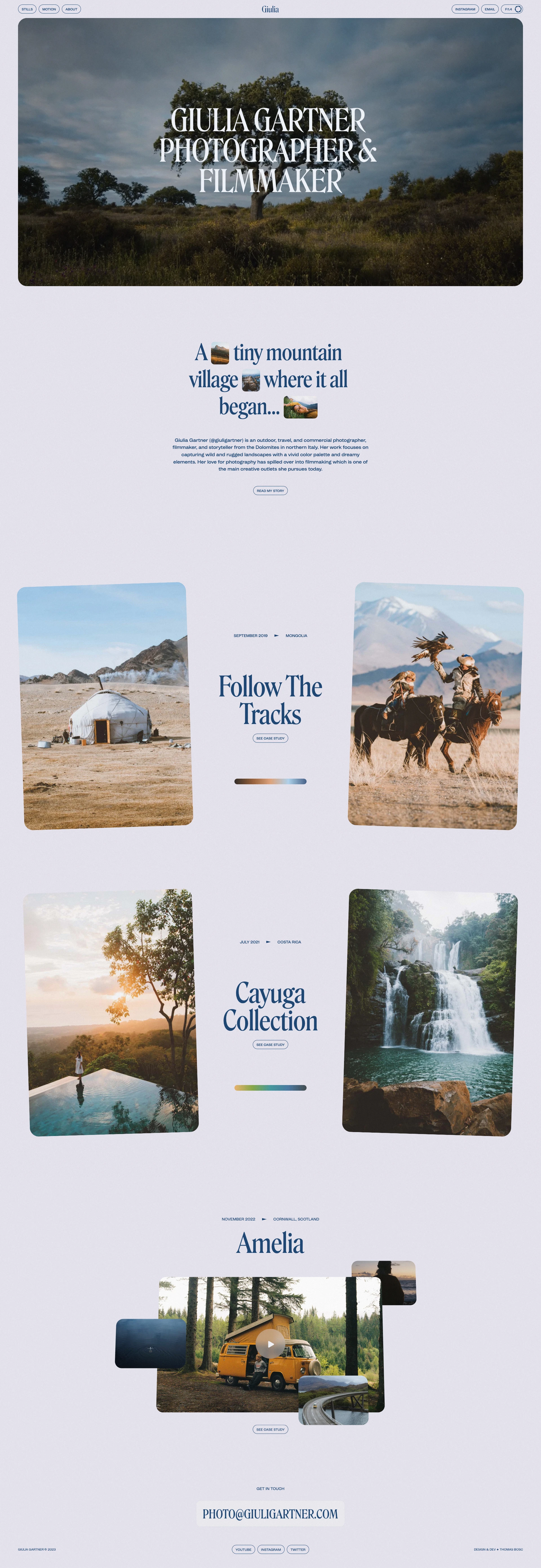 Giulia Gartner Landing Page Example: Giulia Gartner (@giuligartner) is an outdoor, travel, and commercial photographer, filmmaker, and storyteller from the Dolomites in northern Italy.