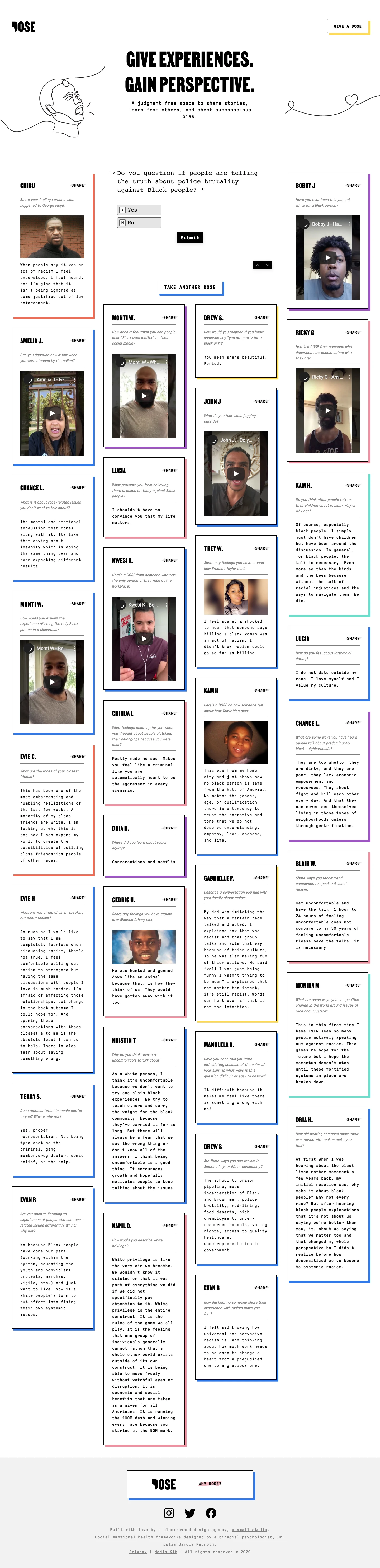 Give a Dose Landing Page Example: A judgment free space to share stories, learn from others, and check subconscious bias.
