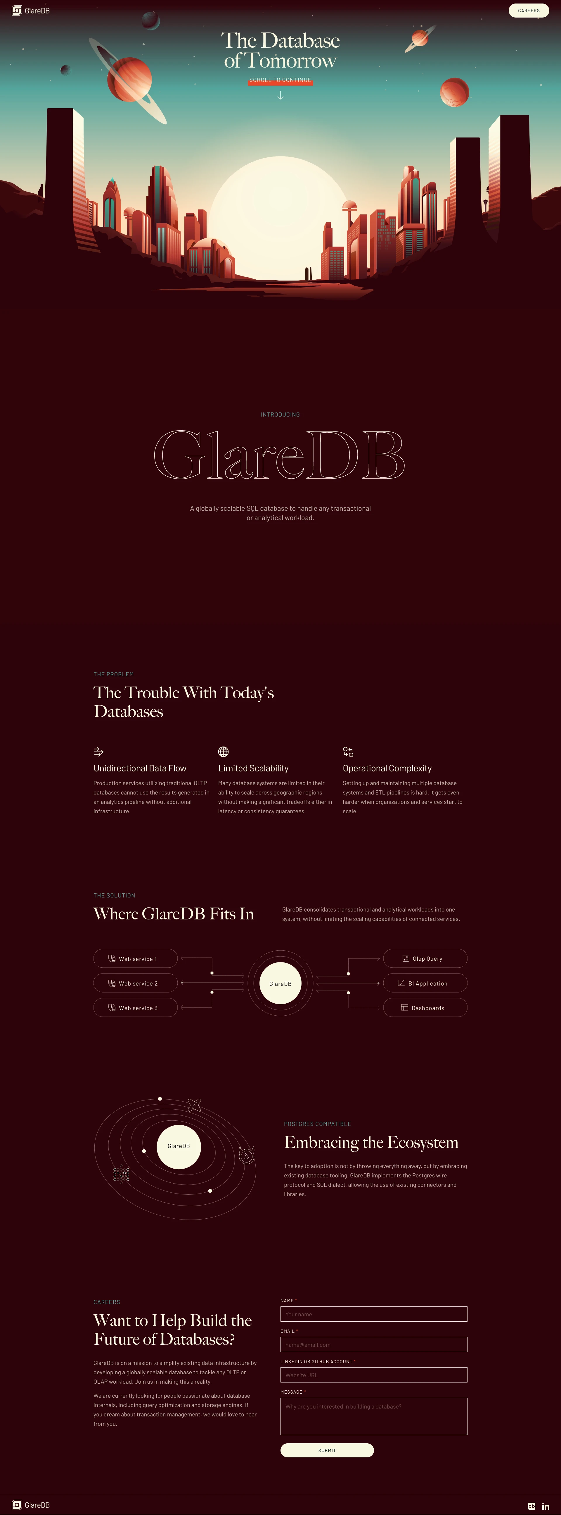 GlareDB Landing Page Example: A globally scalable SQL database to handle any transactional or analytical workload.