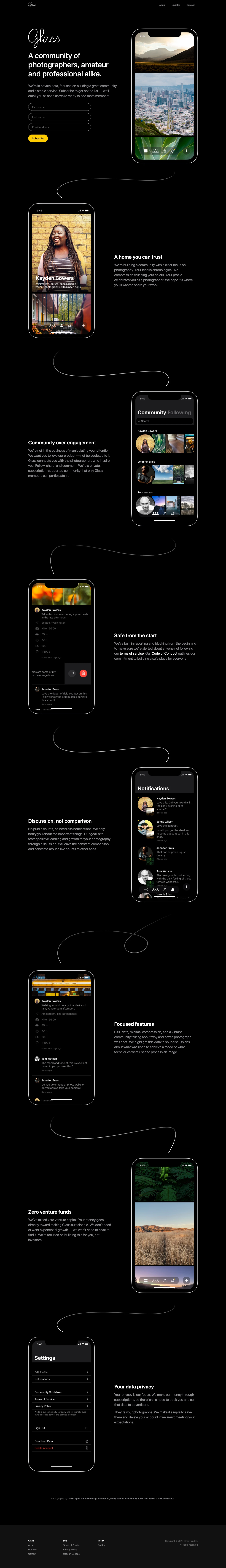 Glass Landing Page Example: A private, interest-based community specifically for photographers. It's a sustainable, bootstrapped, subscription-driven product focused on the needs of our community — not advertisers.