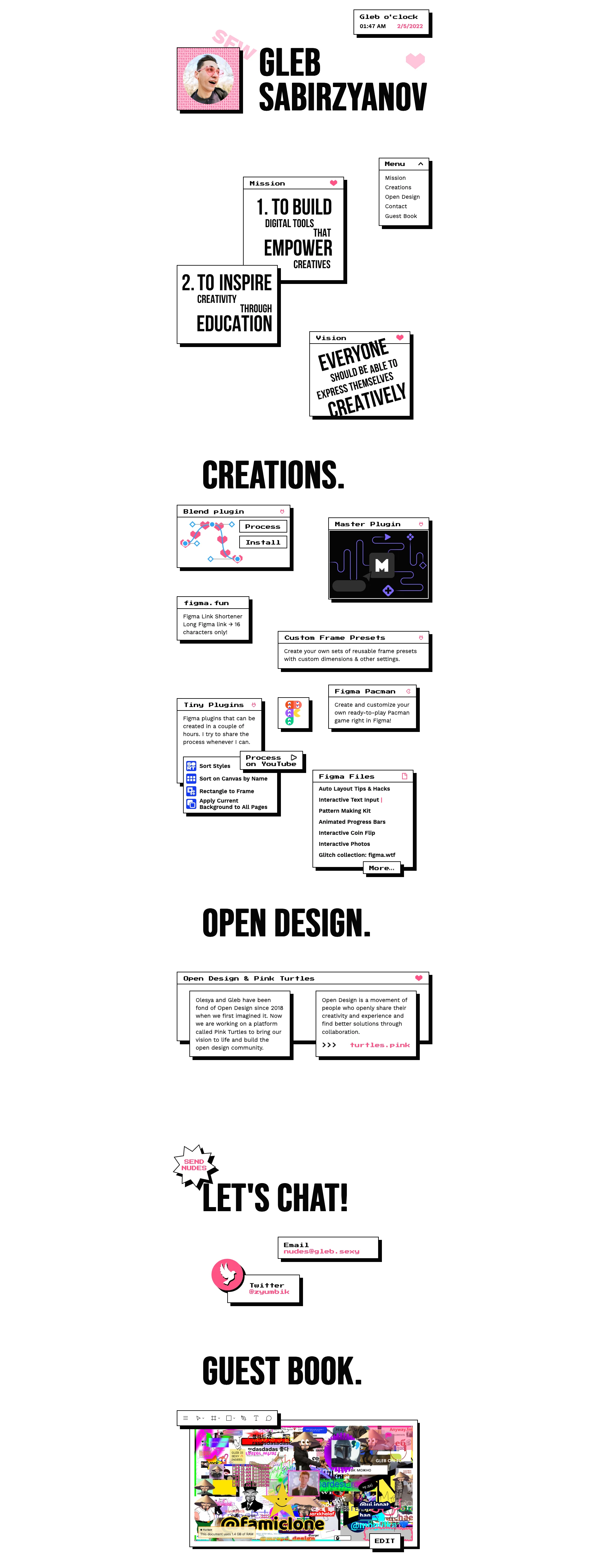 Gleb Sabirzyanov Landing Page Example: Hi, I’m Gleb Sabirzyanov or @zyumbik. I’m using design and code on a mission to give creatives superpowers. Meet me in this tiny piece of the internet! gleb.sexy website is completely safe for work.