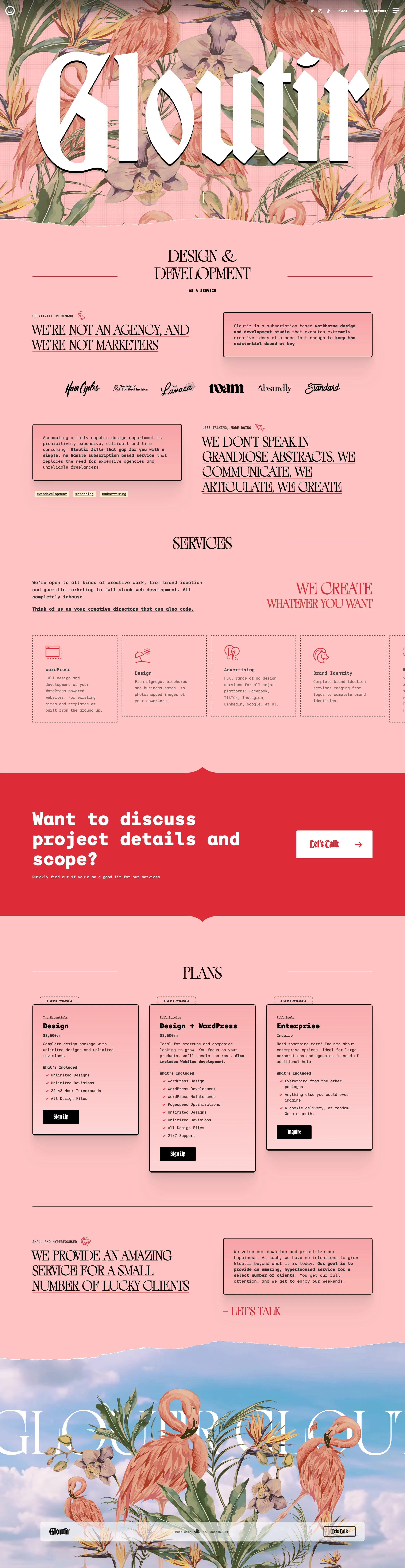 Gloutir Landing Page Example: A subscription based design and development studio located in Houston, Texas. Think of us as your creative directors that can also code.