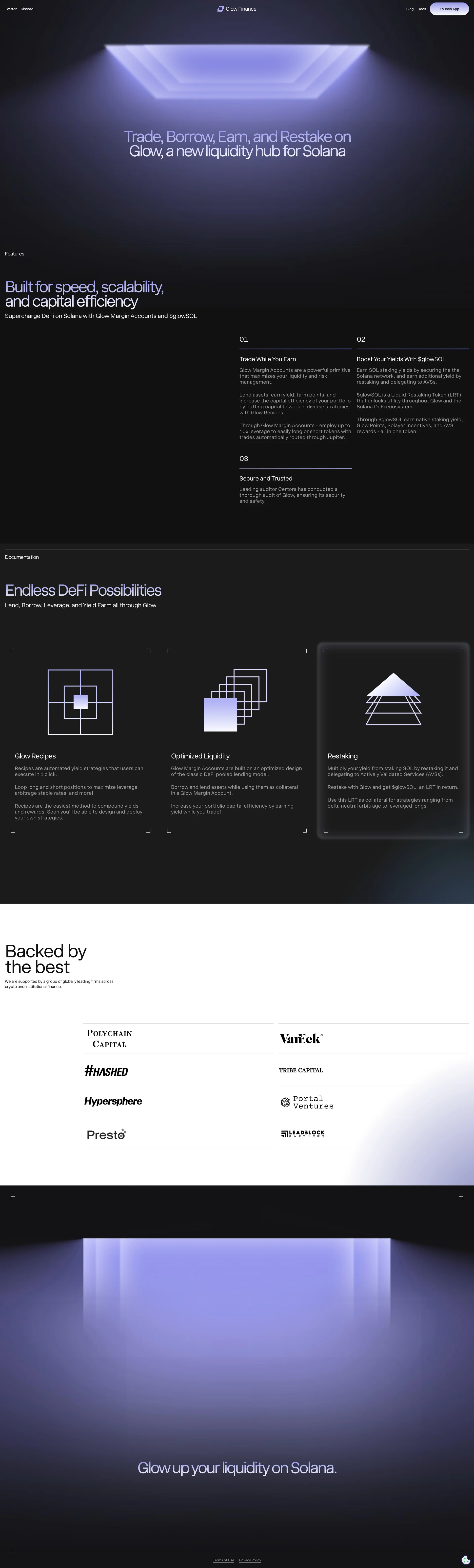 Glow Finance Landing Page Example: Glow is a new liquidity hub for Solana, where you can trade, borrow, earn, and restake your assets. With Glow, you can easily manage your liquidity and maximize your returns.