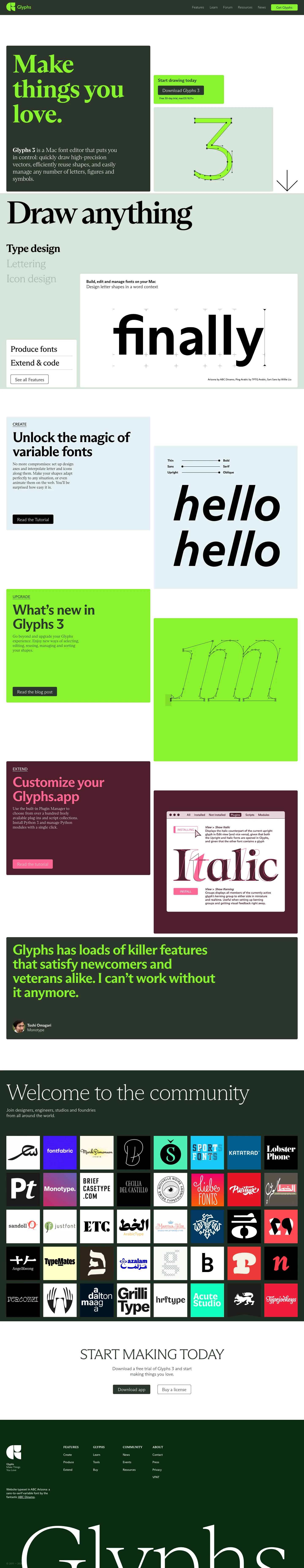 Glyphs 3 Landing Page Example: Glyphs 3 is a Mac font editor that puts you in control: quickly draw high-precision vectors, efficiently reuse shapes, and easily manage any number of letters, figures and symbols.