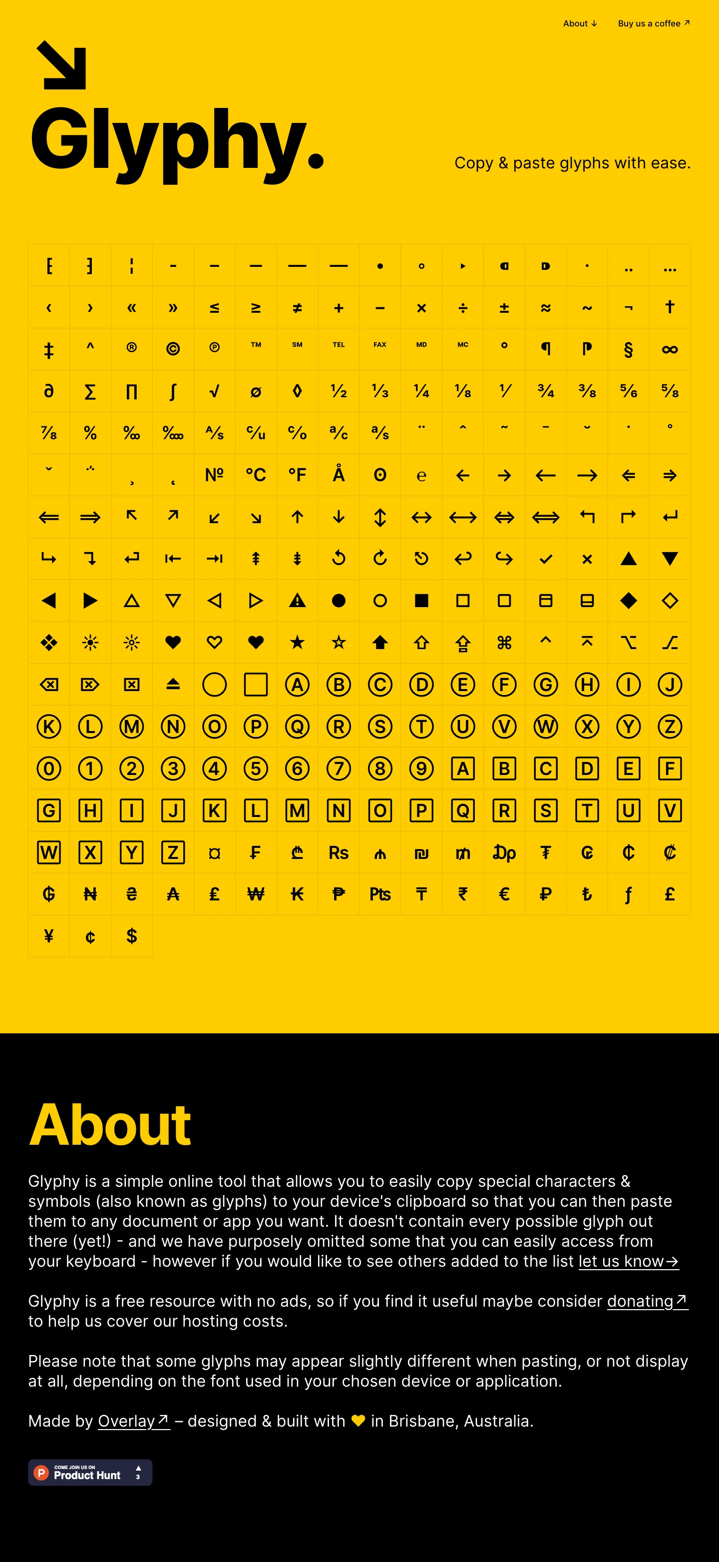 Glyphy Landing Page Example: Glyphy is a simple online tool that allows you to easily copy special characters & symbols (also known as glyphs) to your device's clipboard so that you can then paste them to any document or app you want.