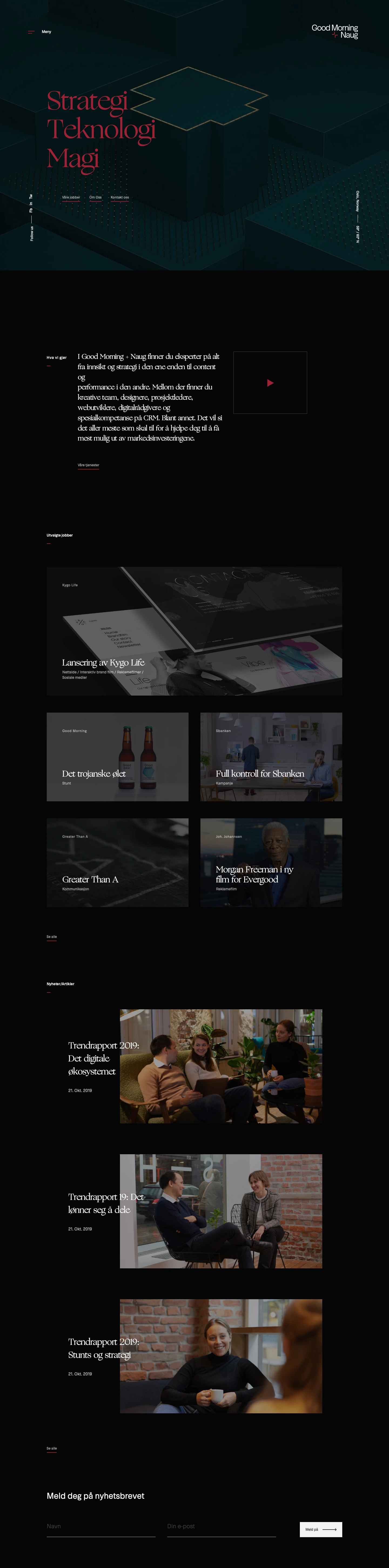Good Morning + Naug Landing Page Example: In Good Morning + Naug you will find experts in everything from insight and strategy at one end to content and performance at the other. Between there you will find creative teams, designers, project managers, web developers, digital consultants and specialist expertise at CRM. Among other things. That is, most of the time it takes to help you make the most of your market investment.