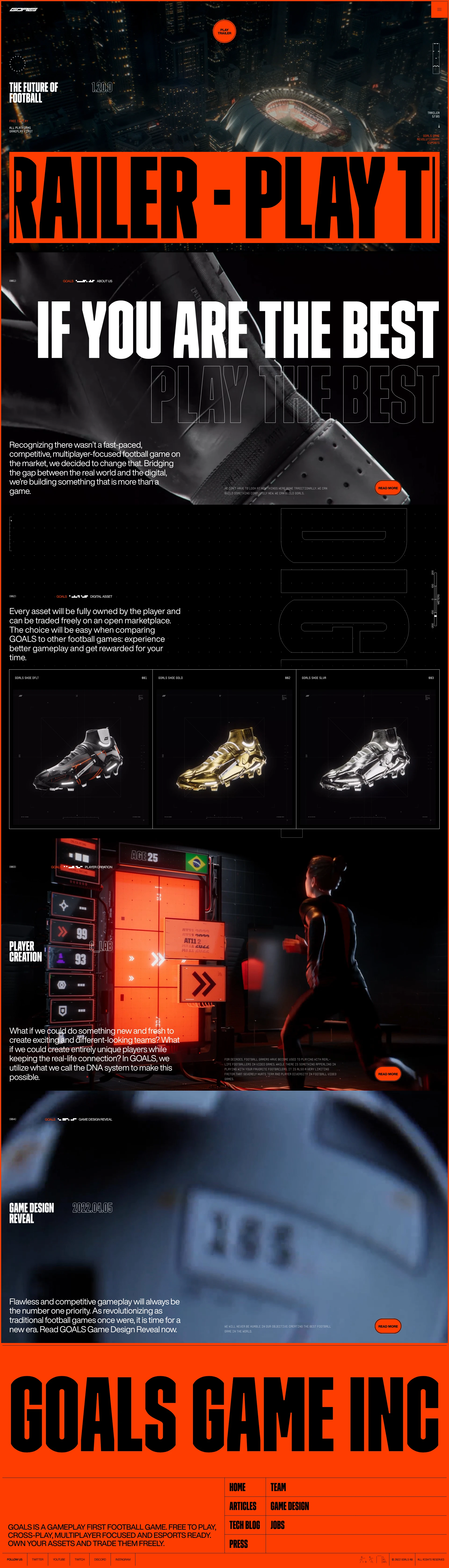 GOALS Landing Page Example: GOALS is a gameplay first football game. Free to play, cross-play, multiplayer focused and esports ready. Own your assets and trade them freely.
