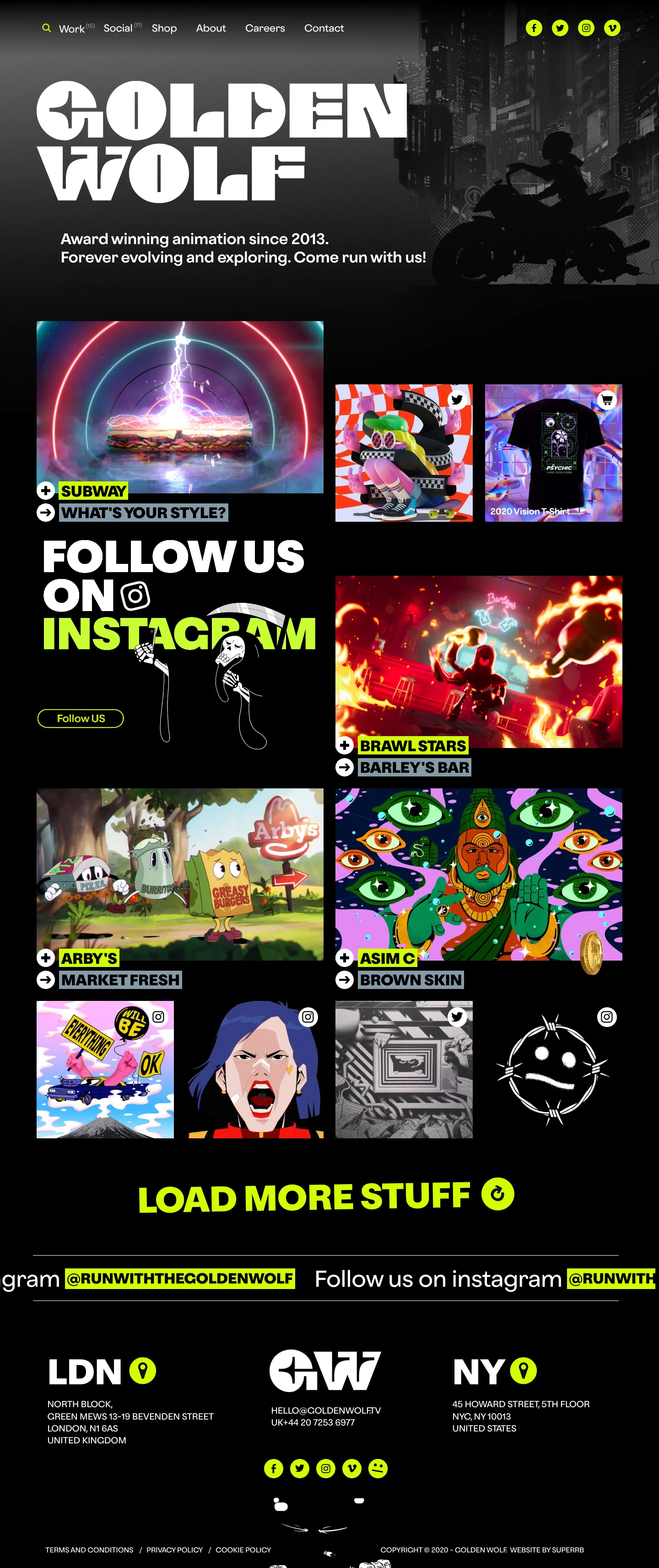 Golden Wolf Landing Page Example: Award winning animation since 2013. Forever evolving and exploring. Come run with us!