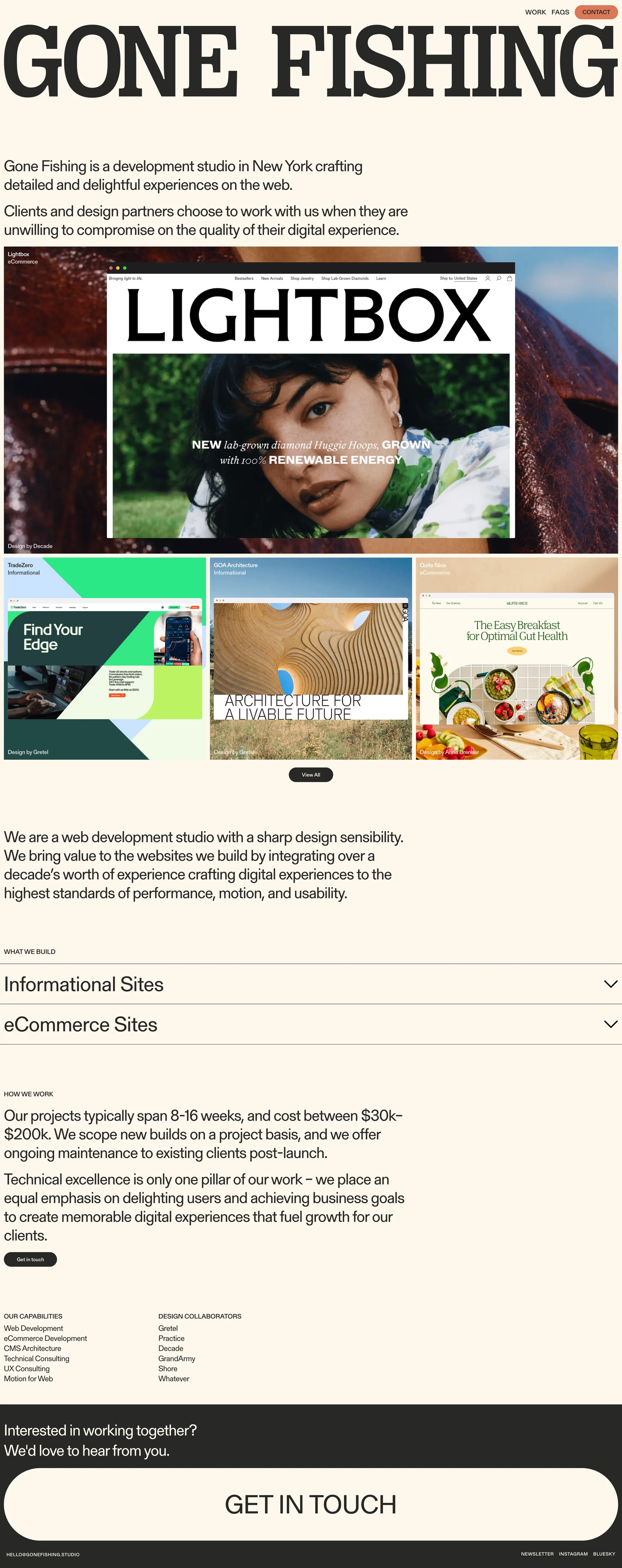 Gone Fishing Studio Landing Page Example: Gone Fishing is a development studio in New York crafting detailed and delightful experiences on the web.