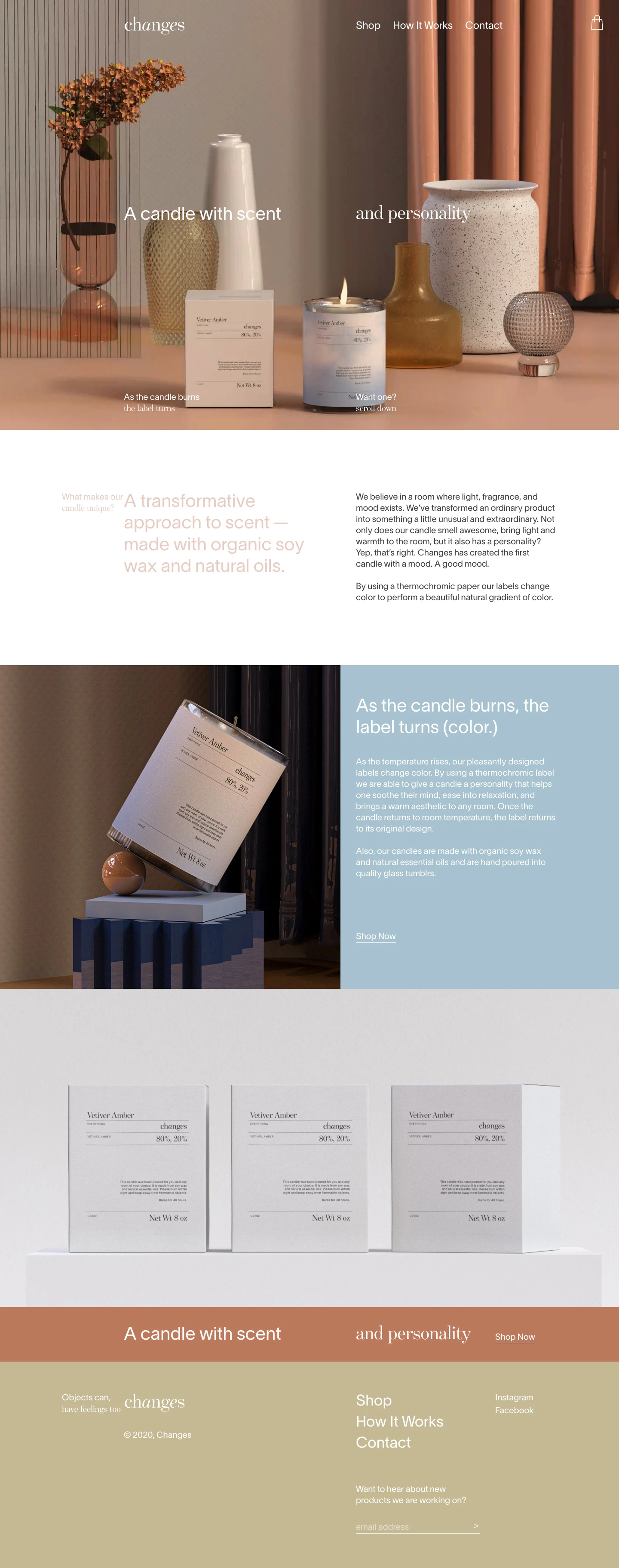 Changes Candles Landing Page Example: A transformative approach to scent — made with organic soy wax and natural oils. Handpoured candles with color-changing, heat-sensitive labels.