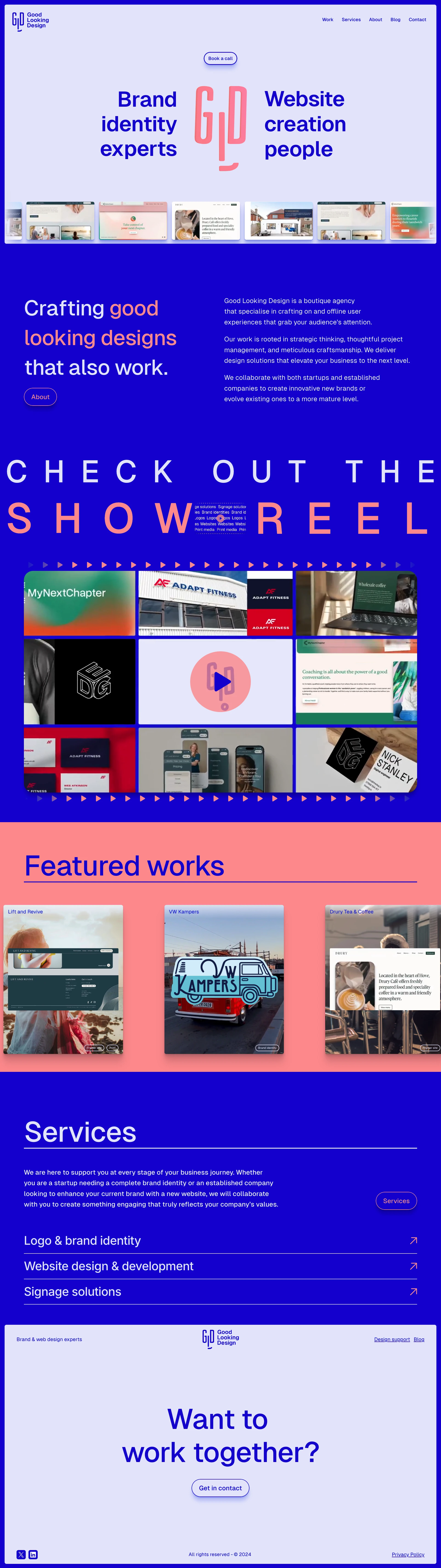 Good Looking Design Landing Page Example: Boutique agency specialising in brand identity and website creation. We craft strategic, engaging designs to elevate your business to the next level. Discover our services today.