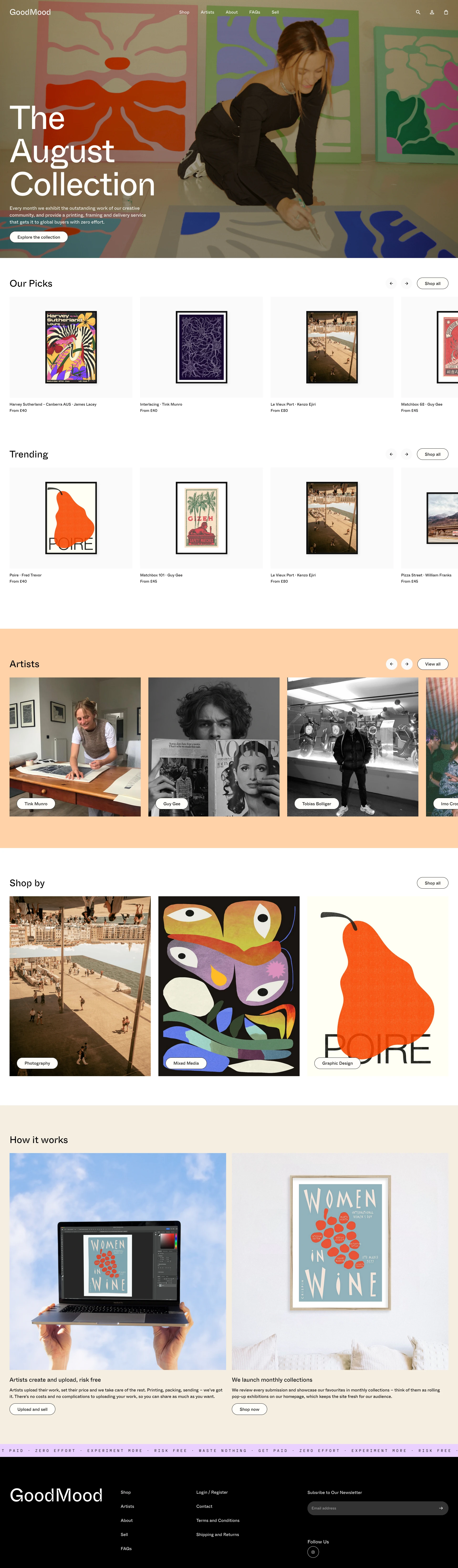 GoodMood Landing Page Example: We want to bust the myth that it's difficult, complicated or impossible for artists to get their work into the hands of someone who'll love it. So we created a platform that connects them directly to a global audience with zero effort.