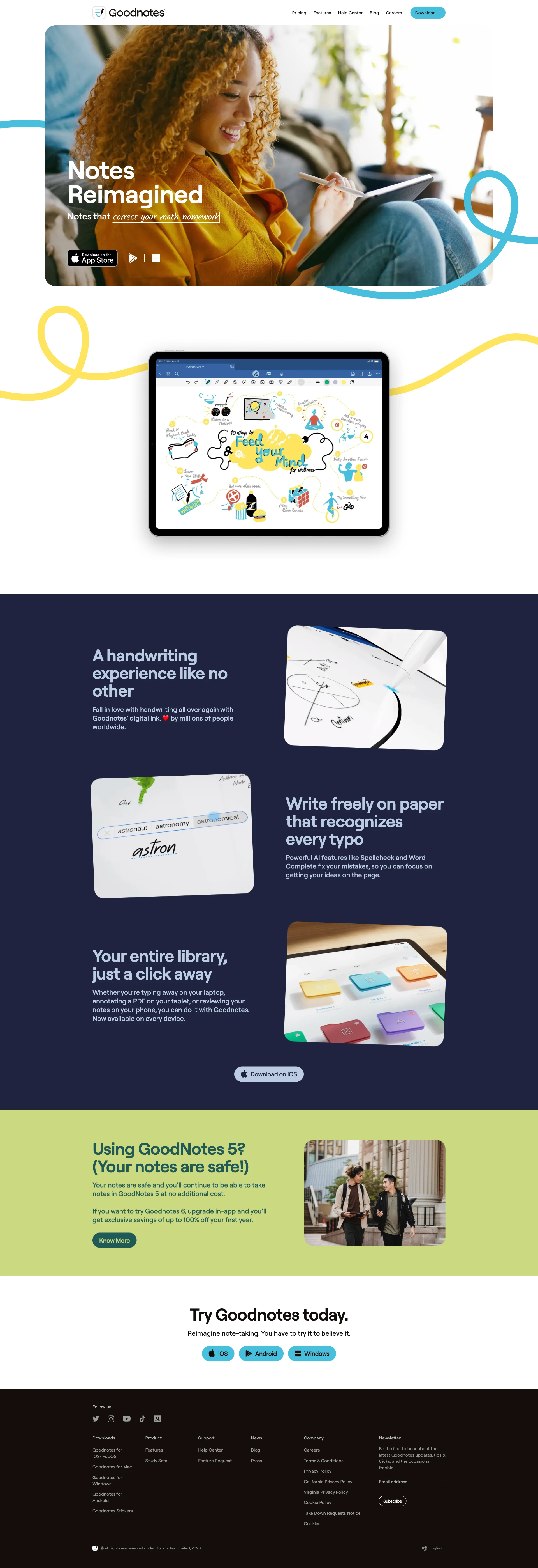 Goodnotes Landing Page Example: Note down, shape, and share your ideas with the world's best-loved digital paper. Your first three notebooks are free.