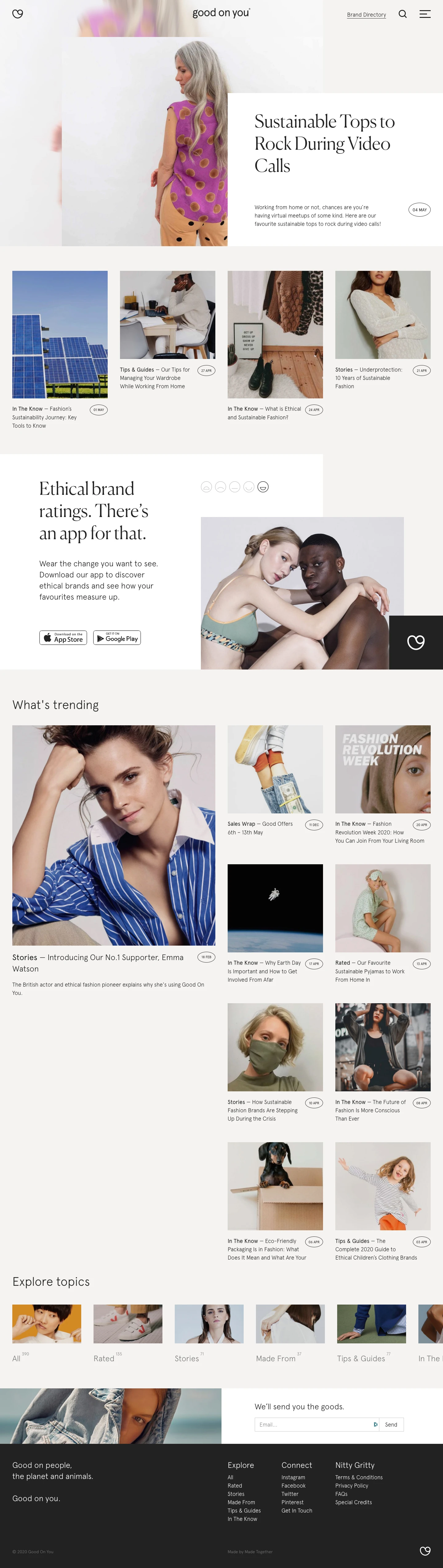 Good On You Landing Page Example: Your go-to source of trusted brand ratings, articles and expertise on ethical and sustainable fashion.