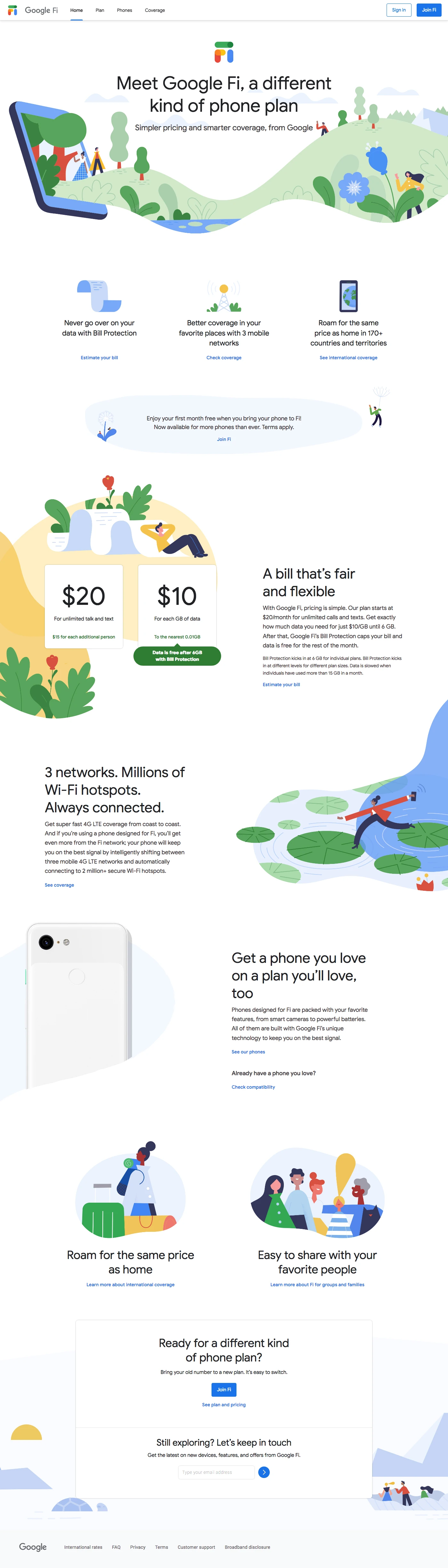 Google Fi Landing Page Example: Meet Google Fi, a different kind of phone plan. Simpler pricing and smarter coverage, from Google.