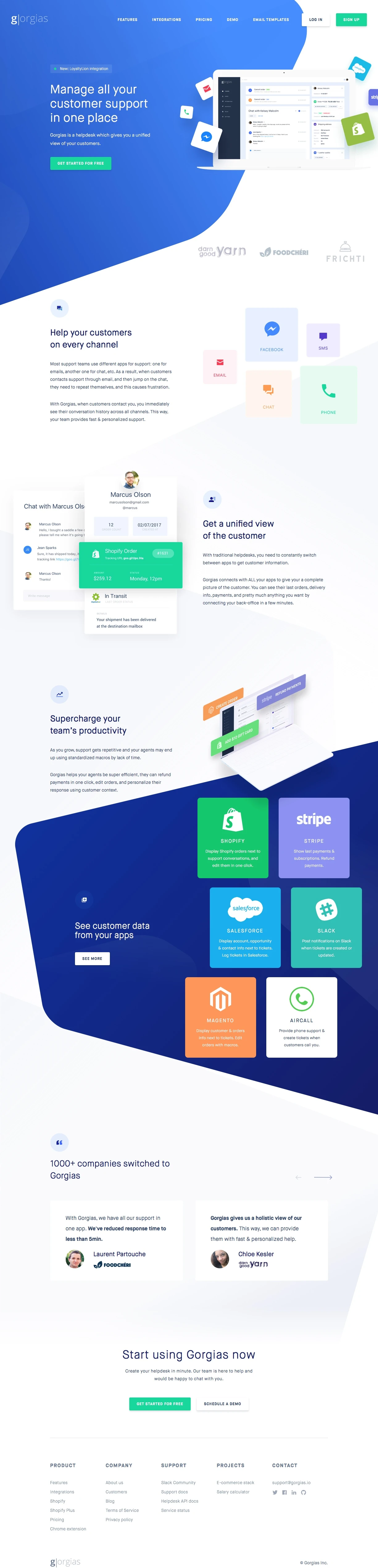 Gorgias Landing Page Example: A multi-channel helpdesk integrated with your back-office