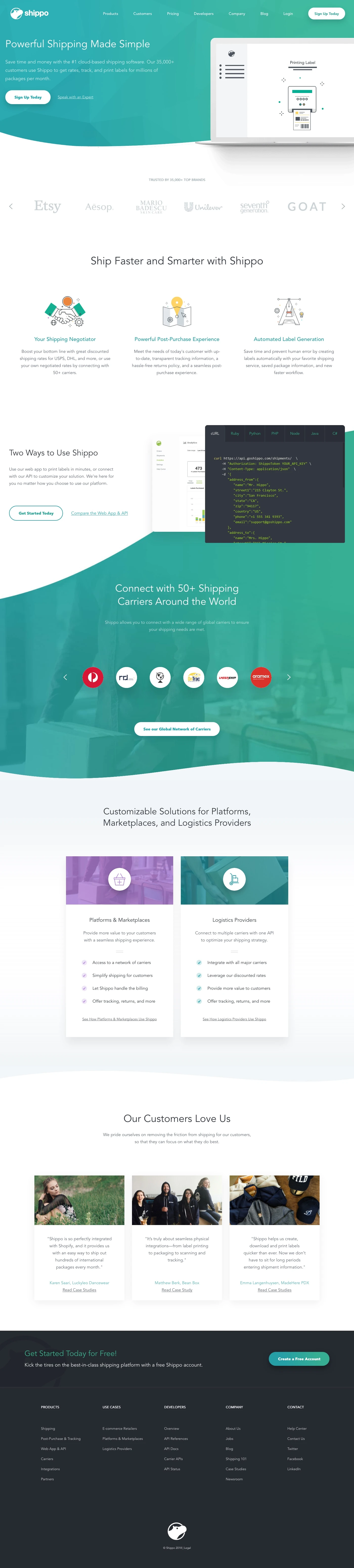 Shippo Landing Page Example: Save time and money with the #1 cloud-based shipping software. Our 35,000+ customers use Shippo to get rates, track, and print labels for millions of packages per month.
