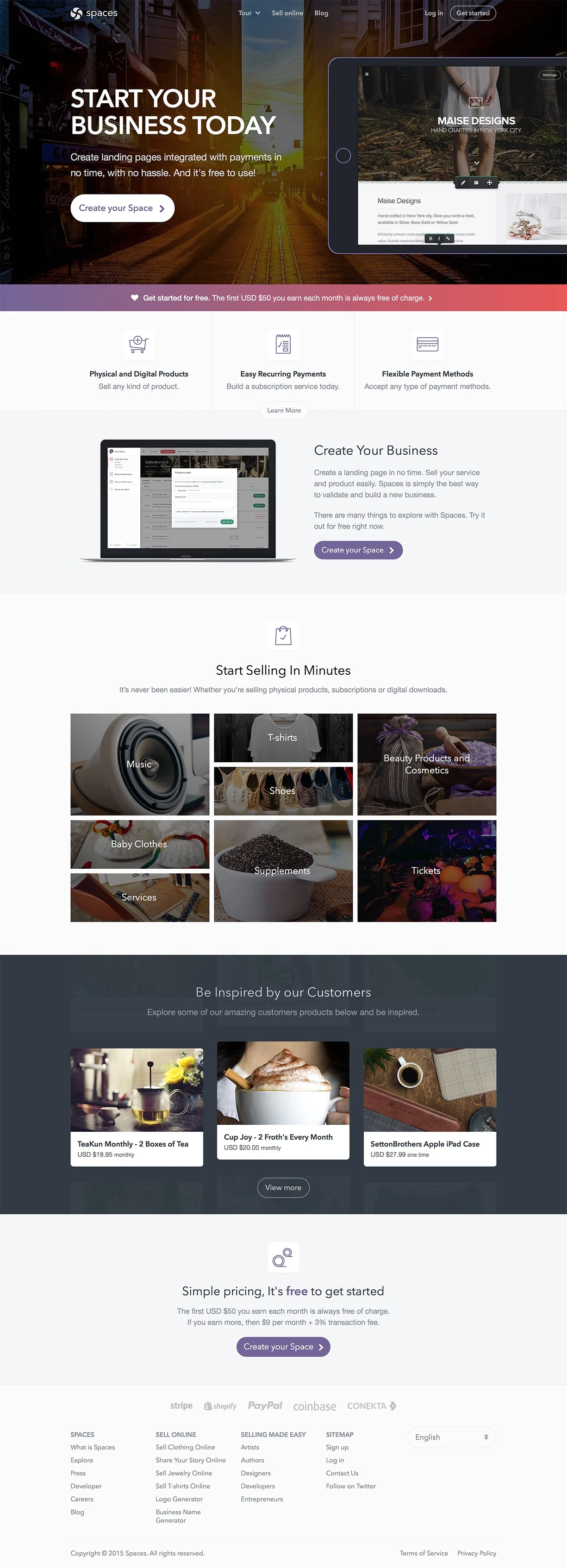 Spaces Landing Page Example: Sell subscriptions services, digital downloads and physical goods with no hassle