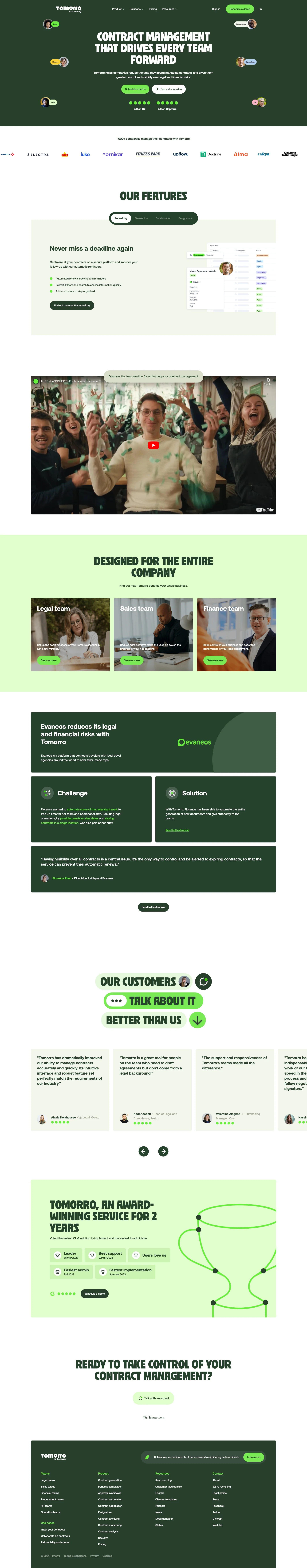 Tomorro Landing Page Example: Tomorro helps you reduce the time spent on contract management and gives you more control and visibility over legal and financial risks.