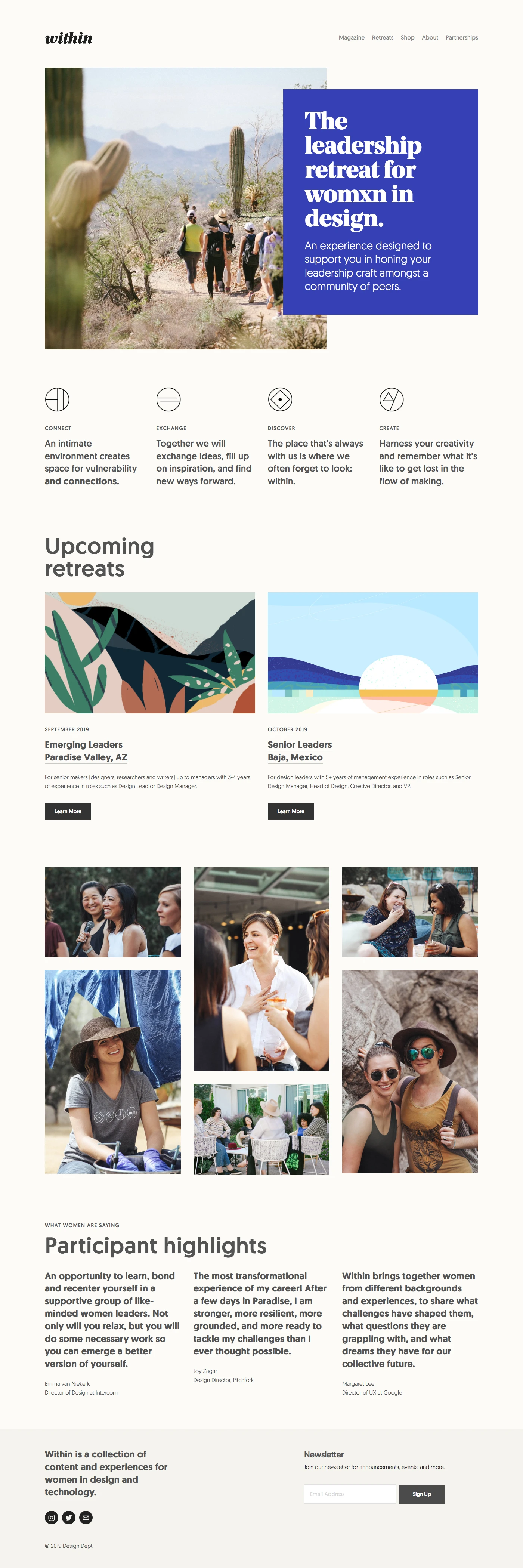Within Landing Page Example: Within is a collection of content and experiences for women in design and technology.