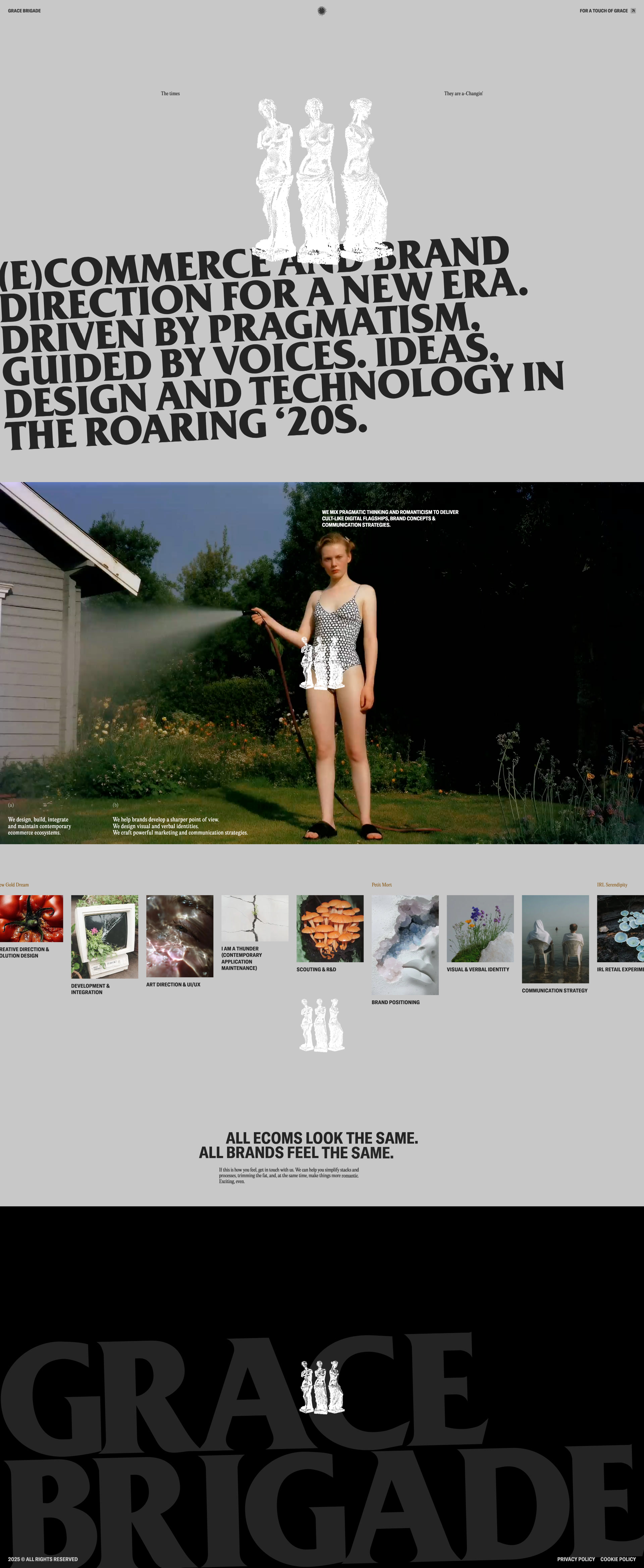 Grace Brigade Landing Page Example: Commerce and Brand Direction for a New Era. Driven by Pragmatism, Guided by Voices.