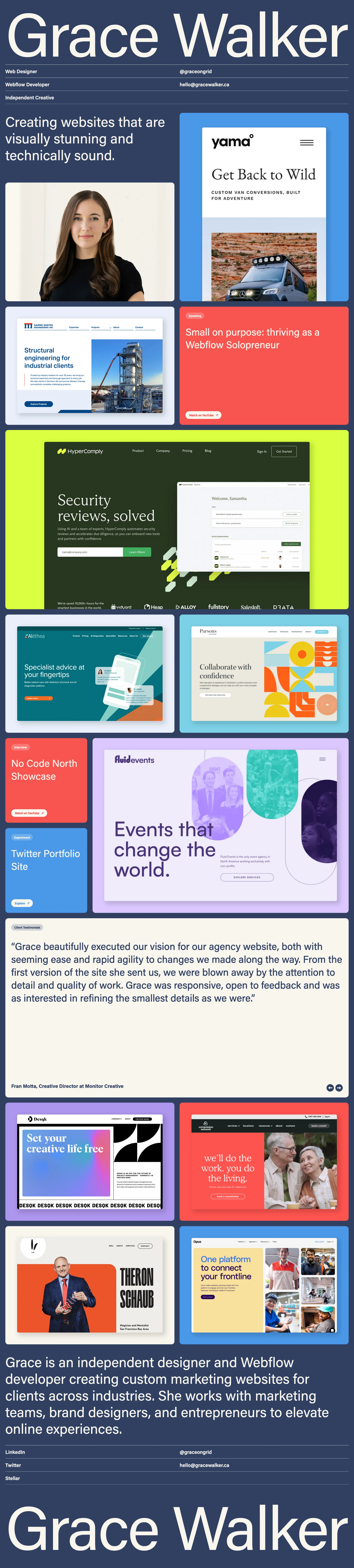Grace Walker Landing Page Example: Grace is an independent designer and Webflow expert, creating work that is visually stunning and technically sound.