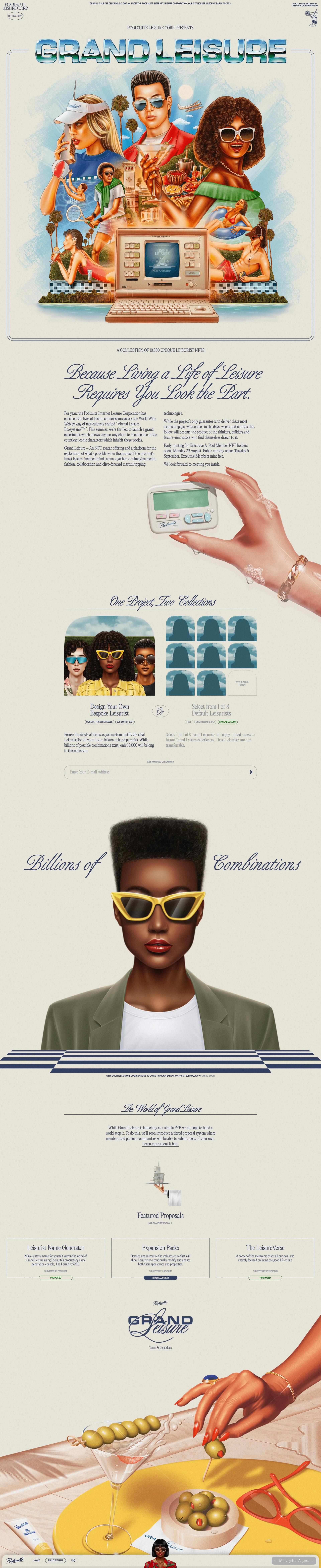 GRAND LEISURE Landing Page Example: An NFT avatar offering and a platform for the exploration of what’s possible when thousands of the internet’s finest leisure-inclined minds come together to reimagine media, fashion, collaboration and olive-forward martini topping technologies.