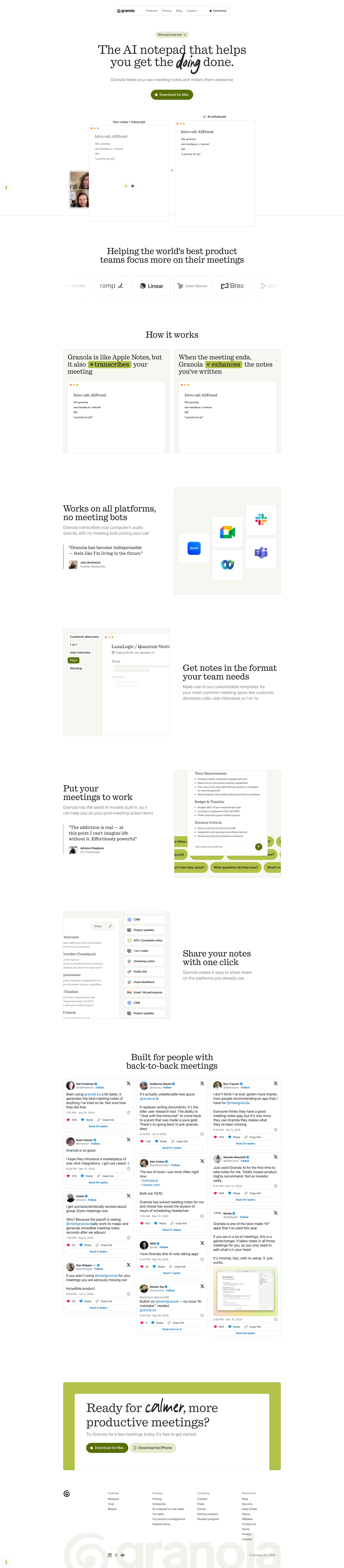 Granola Landing Page Example: Granola helps you keep momentum on what matters. You stay present, Granola turns your conversations into a rich, searchable memory.