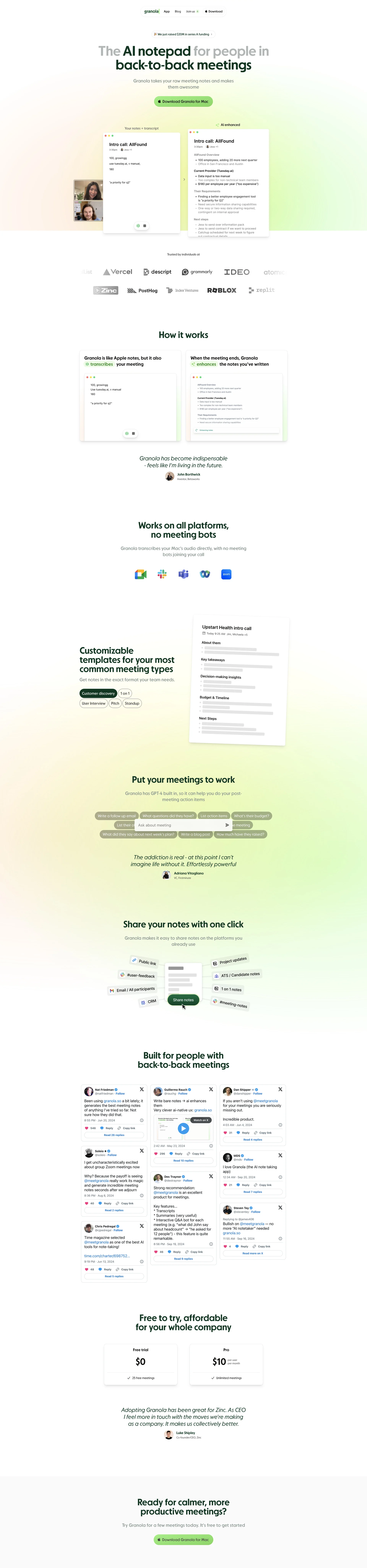 Granola Landing Page Example: The AI notepad for people in back-to-back meetings. Granola takes your raw meeting notes and makes them awesome.