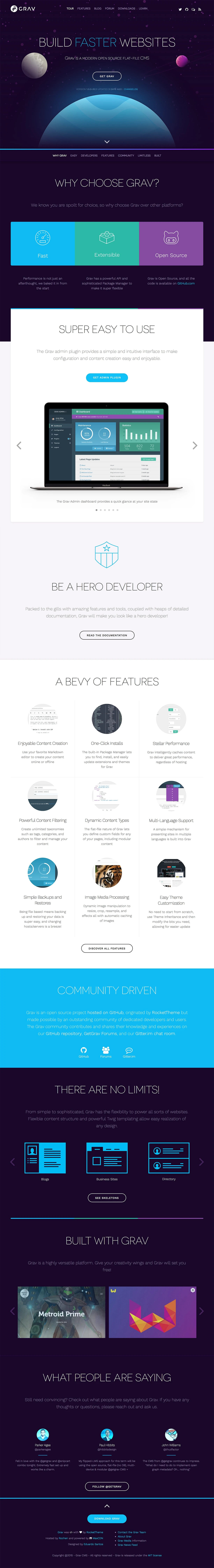 Grav Landing Page Example: Grav is an easy to use, yet powerful, opensource CMS that requires no database