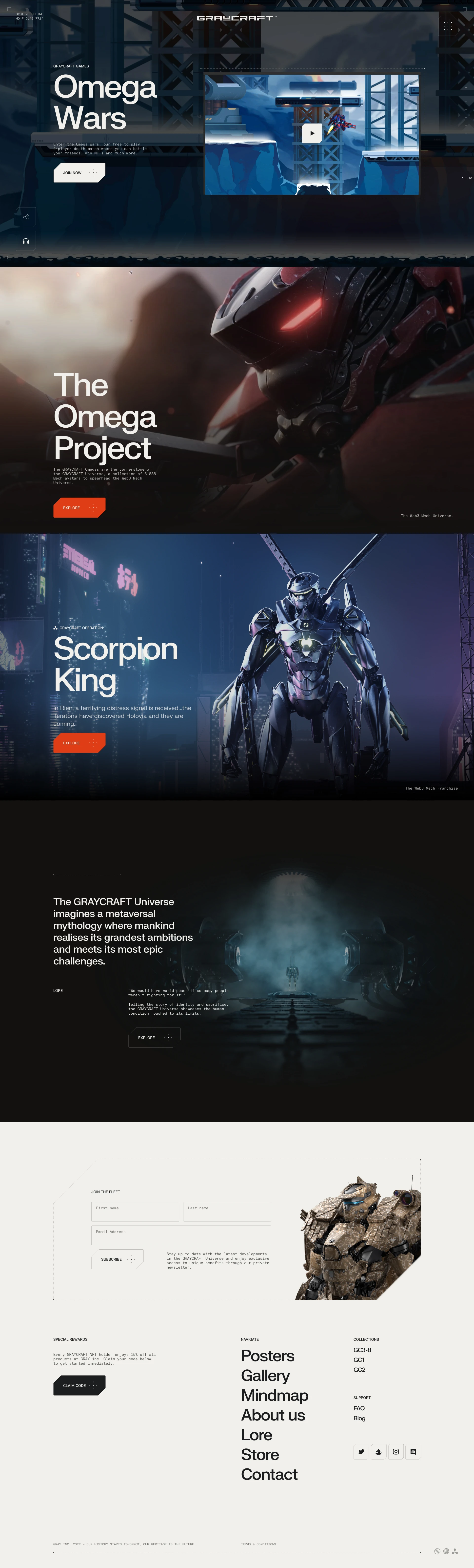 GRAYCRAFT Landing Page Example: The GRAYCRAFT Universe imagines a metaversal mythology where mankind realises its grandest ambitions and meets its most epic challenges. Discover our range of NFTs, collectibles and lore here.
